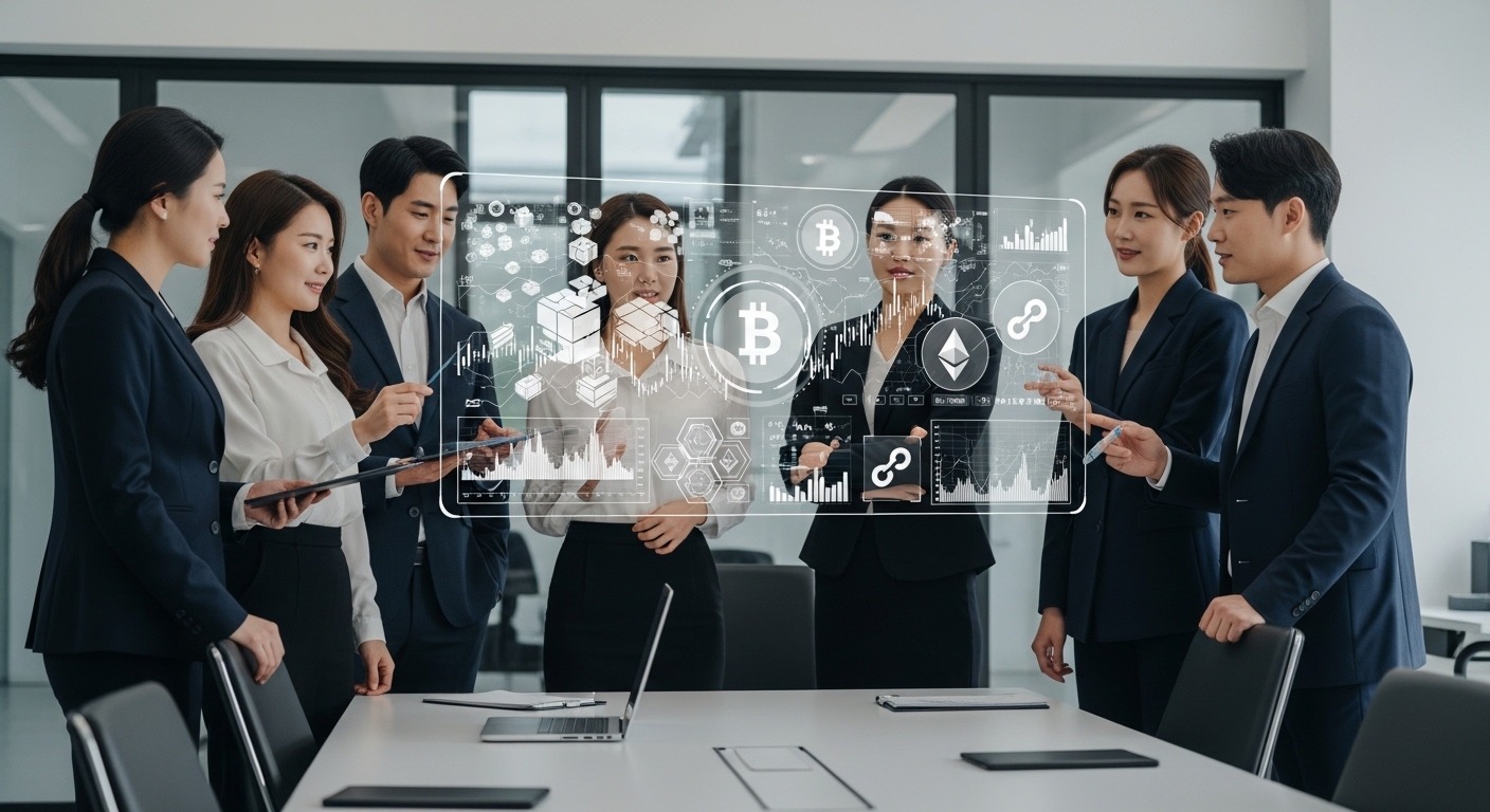 토큰증권 법제화의 의미와 배경: 한국인 비즈니스 전문가들이 현대적인 사무실에서 투명한 디지털 스크린을 보며 디지털 금융 혁신에 대해 논의하는 모습
