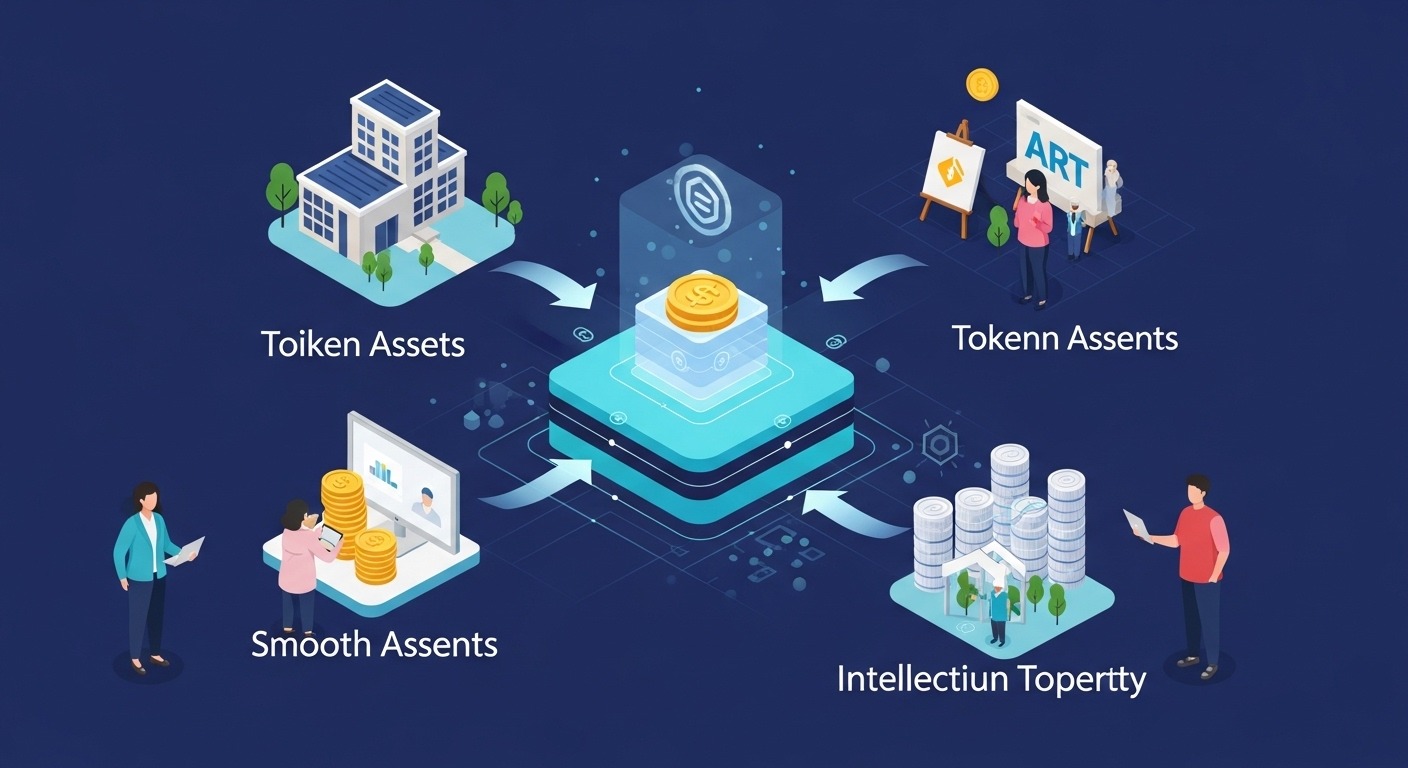 주요 법안 내용 및 시장 변화 예측: 부동산, 미술품, 지식재산권 등 다양한 자산들이 블록체인 네트워크에서 토큰화되어 투명하게 거래되는 추상적인 일러스트레이션