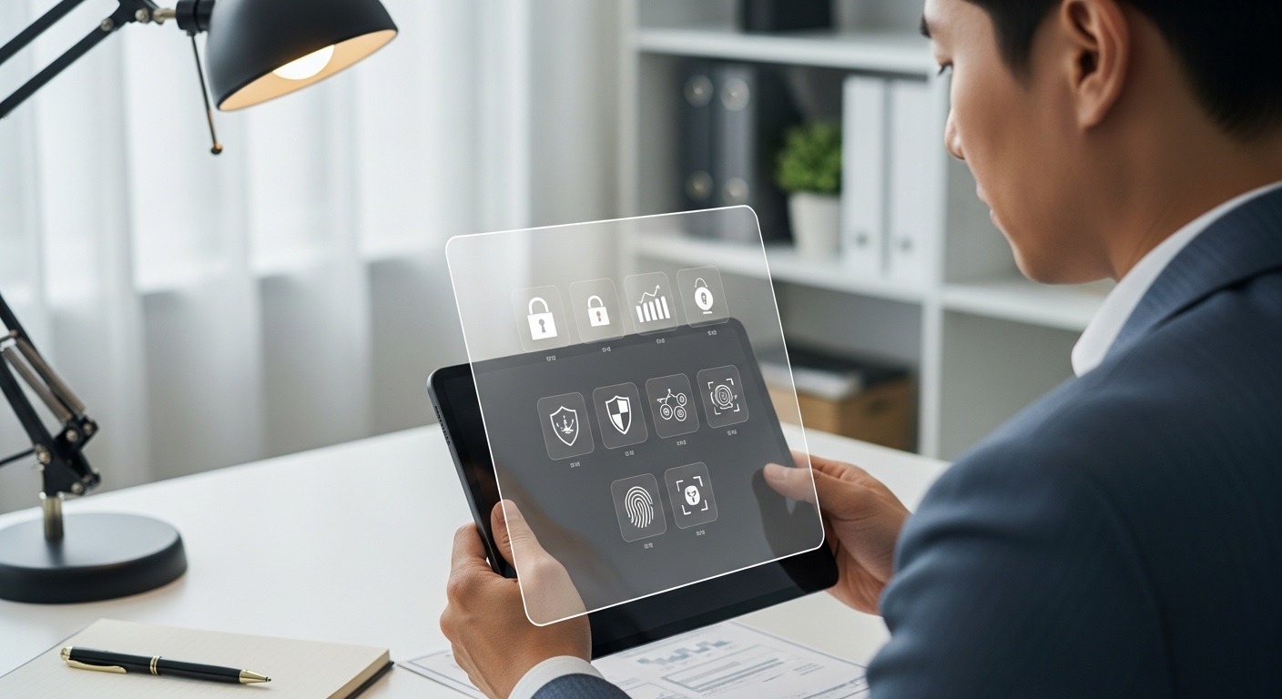 투자자 보호 강화와 시장 건전성 확보 방안: 한국인 투자자가 태블릿으로 디지털 문서를 신중하게 검토하며, 토큰증권 시장의 강화된 투자자 보호와 규제 감독을 상징하는 보안 아이콘과 보호막이 강조된 모습