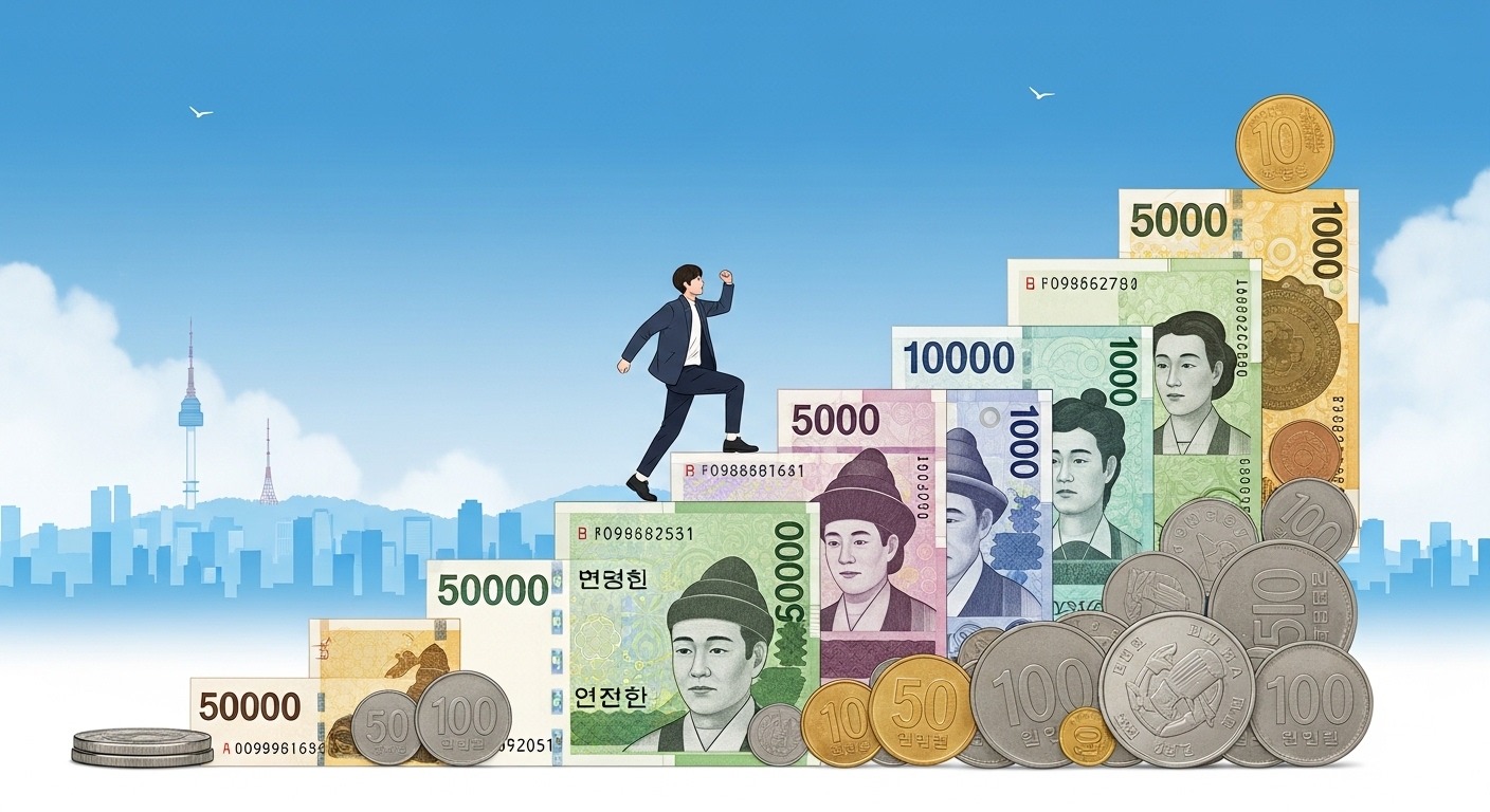 청년미래적금, 새로운 청년 자산 형성 패러다임의 시작 - 한국인 청년이 동전과 지폐로 만들어진 계단을 자신감 있게 오르며 금융 성장과 미래의 꿈을 향해 나아가는 모습