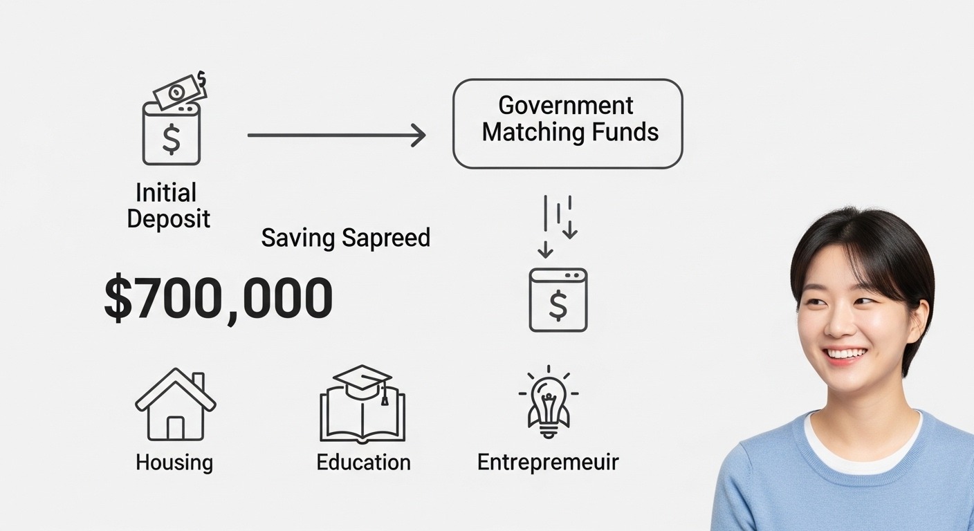 청년미래적금의 주요 내용 및 기대 효과 분석 - 정부 지원금이 명확하게 표시된 저축 계좌로 돈이 흘러들어 더 큰 금액이 되는 과정을 보여주는 상세한 인포그래픽, 주거, 교육, 창업 아이콘과 미소 짓는 한국인 청년이 혜택을 나타냄