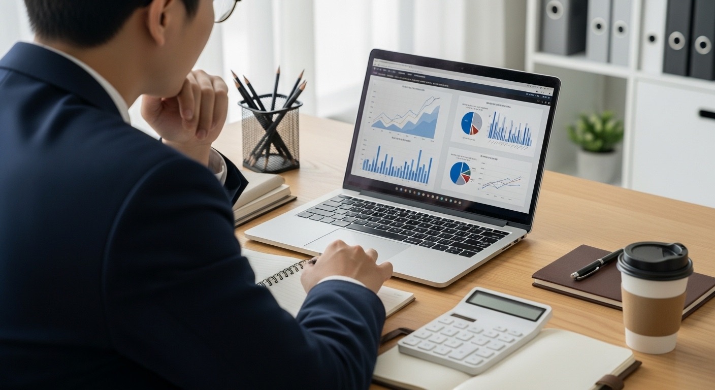 성공적인 활용을 위한 제언 및 향후 과제 - 한국인 청년 전문가가 책상에 앉아 재정 차트와 그래프가 있는 노트북을 보며 신중하게 재정 계획을 세우는 모습. 책상 위에는 계산기, 노트, 커피잔이 놓여 있으며, 차분하고 집중된 분위기