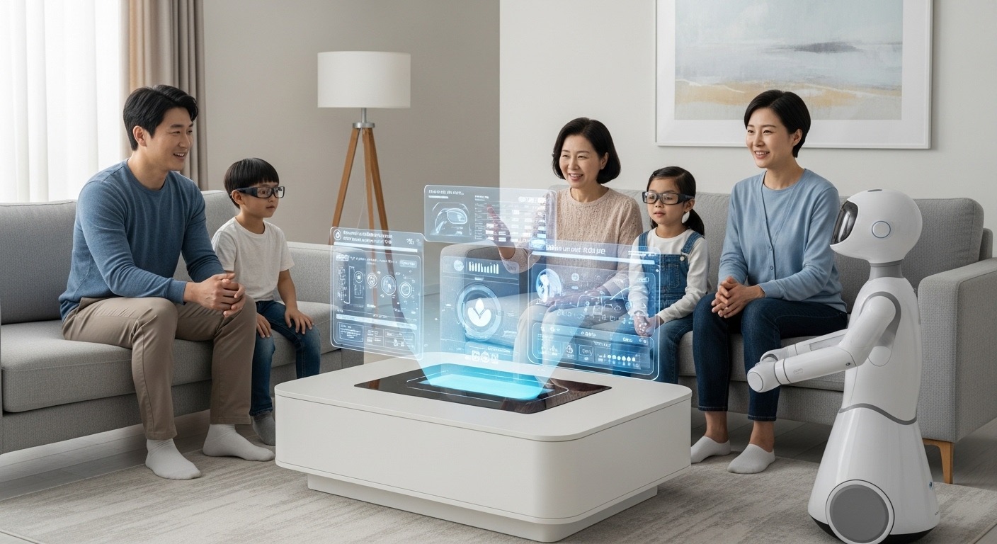 초연결 지능형 AI: 우리의 일상을 재정의하다 - 한국인 가족이 미래형 거실에서 홀로그램 인터페이스와 스마트 로봇, 증강현실 안경을 통해 AI 기기들과 자연스럽게 상호작용하는 모습