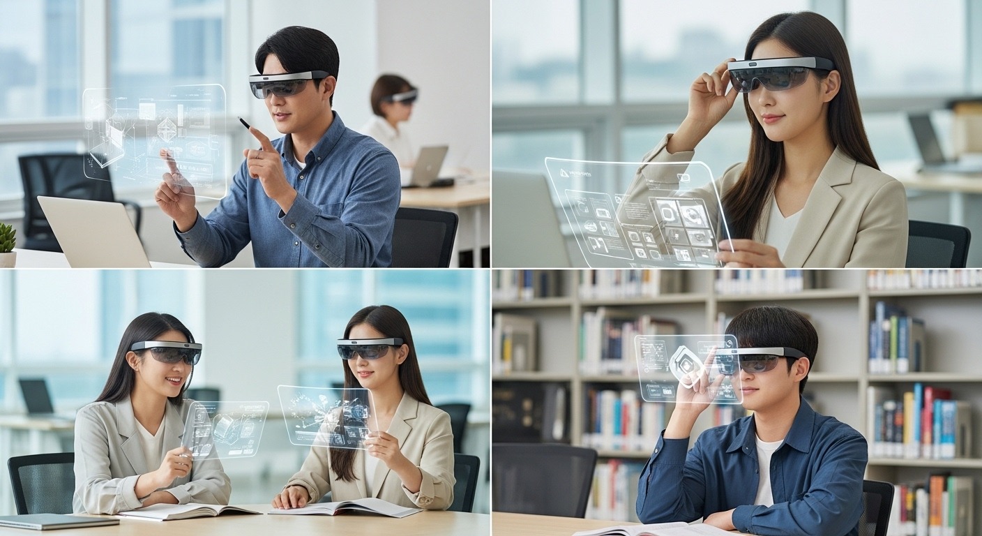 실감형 확장현실(XR)의 대중화: 현실과 가상의 경계가 허물어지다 - 한국인 젊은 전문가와 학생들이 가볍고 세련된 증강현실(AR) 안경을 착용하고 협업하거나 학습하는 모습
