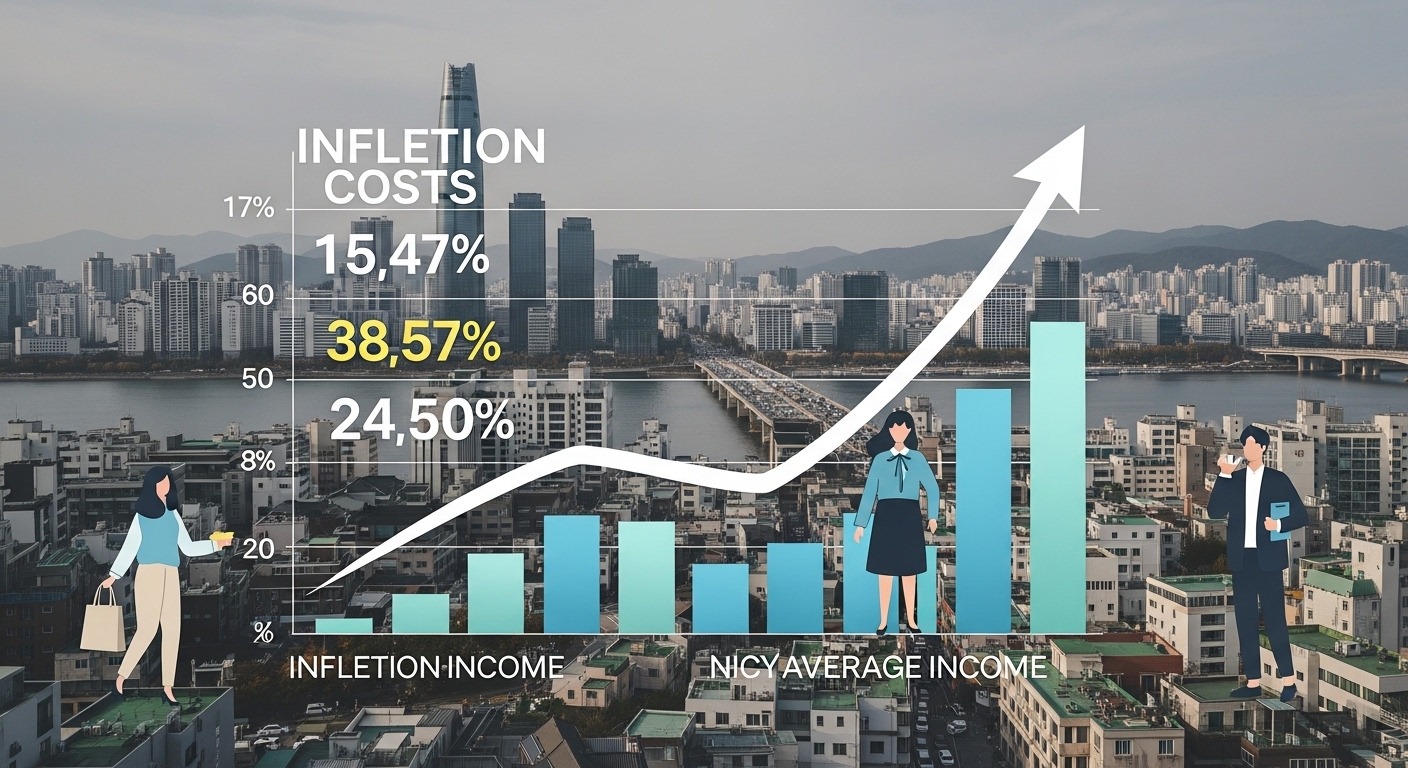 인상 배경과 정책적 의미 - 인플레이션율과 평균 소득을 나타내는 경제 지표 차트, 상승 화살표가 그려져 있으며 배경은 한국의 번화한 도시를 암시함