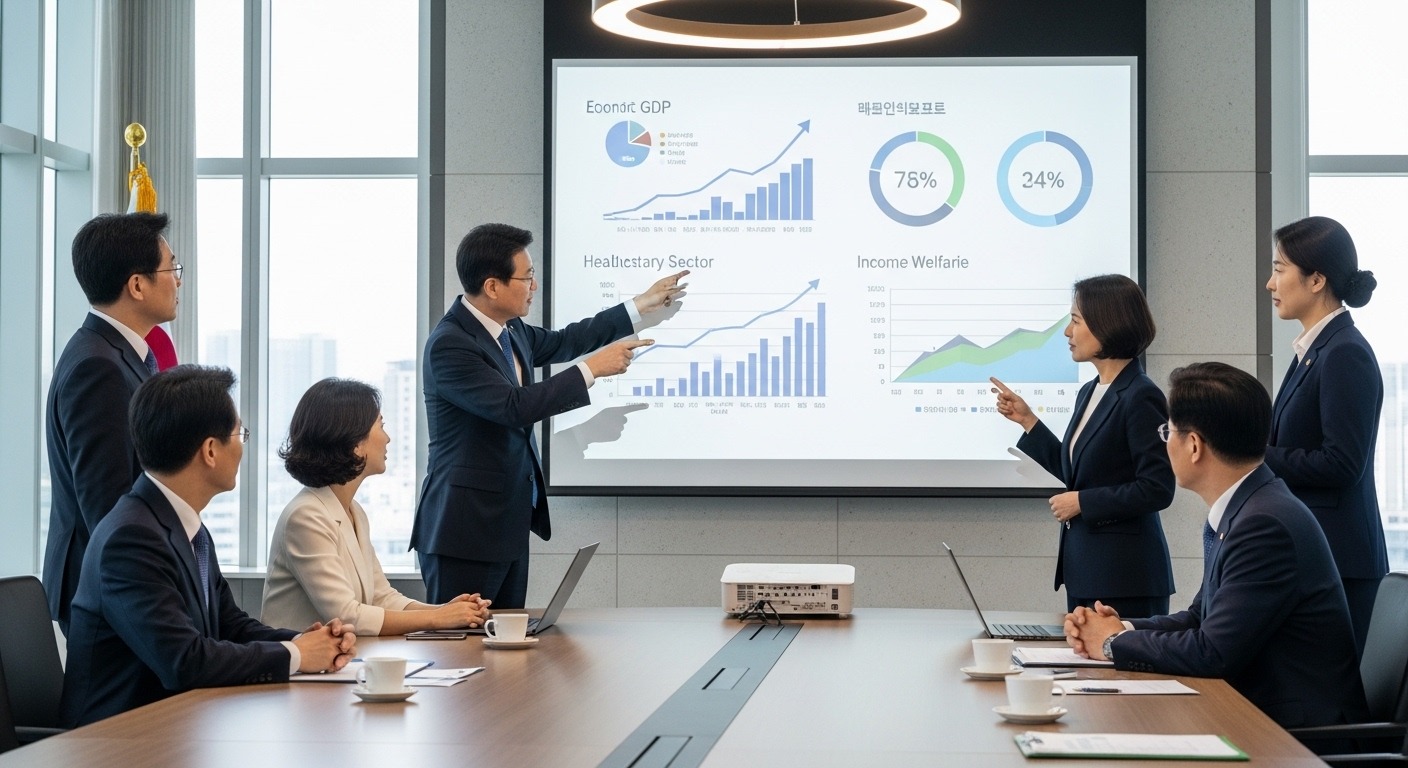 인상에 따른 기대 효과와 향후 과제 - 현대적인 정부 건물에서 다양한 한국인 정책 입안자들이 경제 성장과 사회 복지 균형에 대해 차트를 보며 토론하는 모습