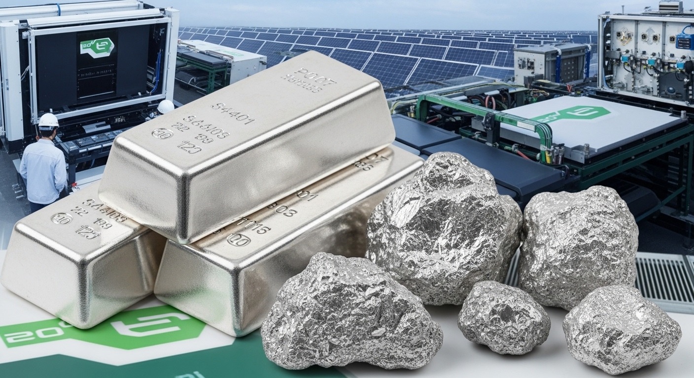 은 가격 급등을 이끈 핵심 동력 분석 - 태양광 패널, 전기차 배터리 등 첨단 산업 제품 배경에 은괴와 은광석이 놓여 있는 모습