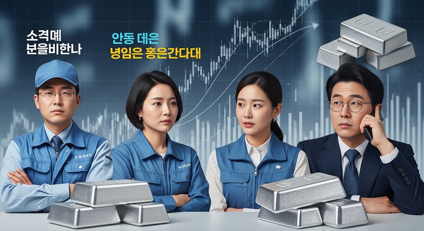 사상 최고치 은 가격이 경제 전반에 미치는 영향 - 복잡한 경제 그래프와 은괴를 배경으로 공장 근로자, 일반 소비자, 투자자로 보이는 한국인 세 사람이 각기 다른 표정을 짓고 있는 모습