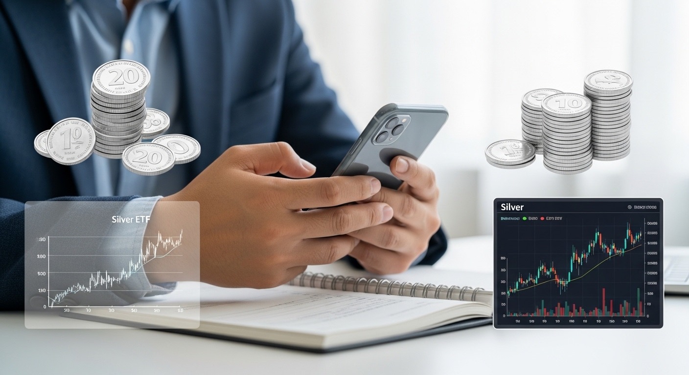 변동성 속 은 투자, 현명한 접근 전략 - 스마트폰으로 은 시세를 확인하며 신중하게 투자 계획을 세우는 한국인 투자자 옆으로 실물 은화, 은 ETF 그래프, 광산 주식 차트가 시각화되어 있는 모습