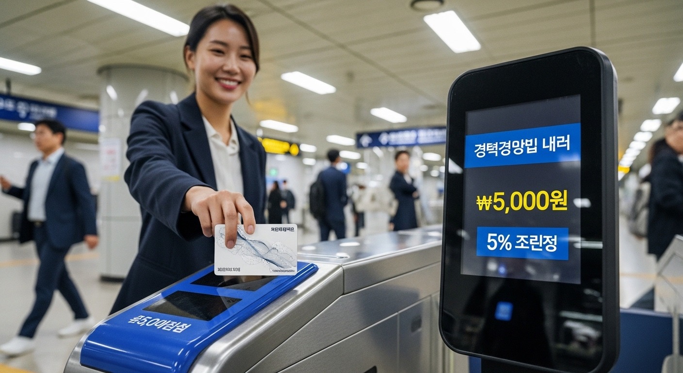 확정된 혜택 상세 분석: 누가 얼마나 받을까? - 웃고 있는 한국인 직장인이 세련된 '모두의 카드'를 지하철 개찰구에 태그하고 있으며,