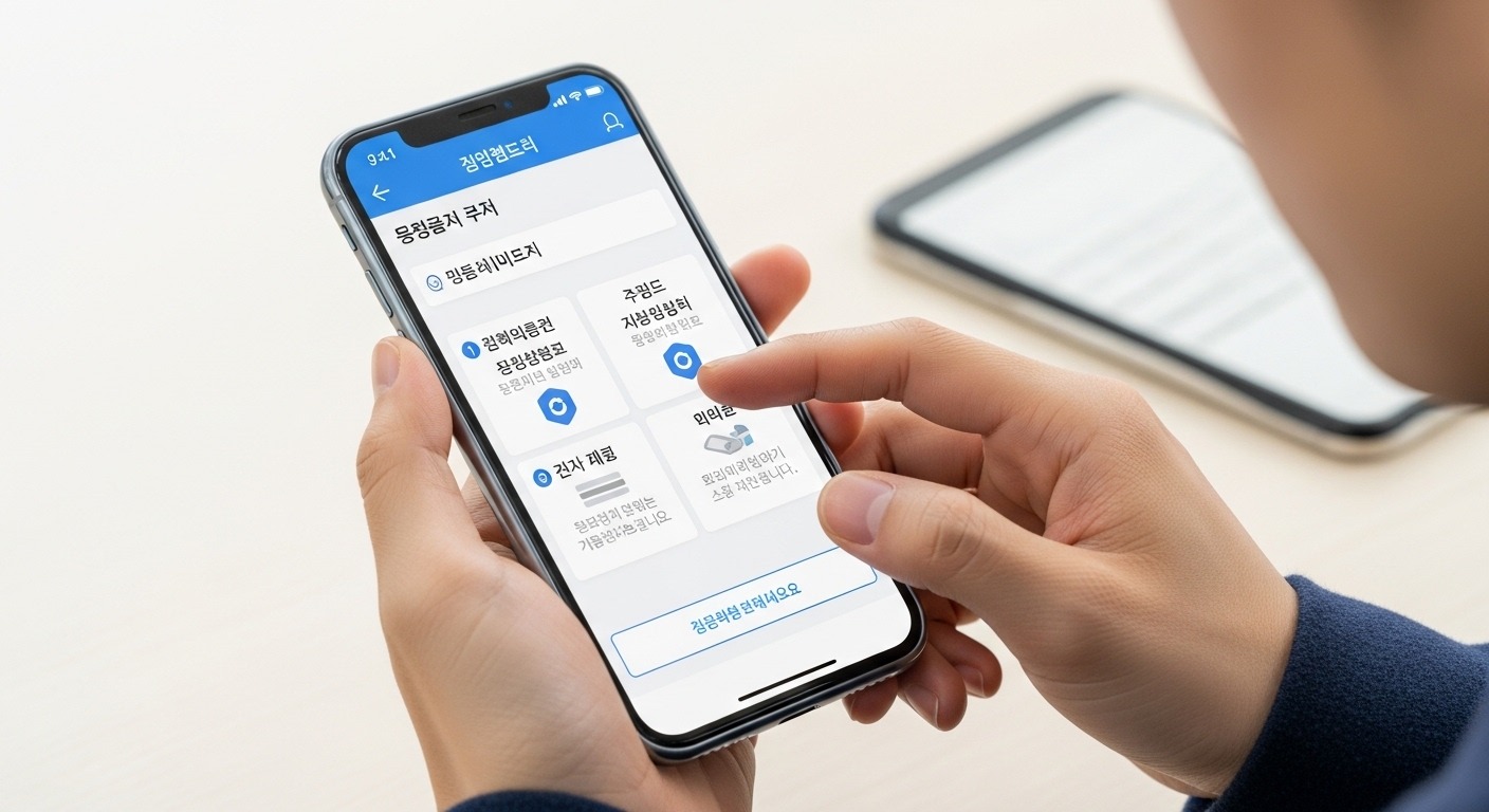 '모두의 카드' 신청 방법 및 유의사항 - 한국인의 손이 스마트폰을 들고 '모두의 카드' 신청 모바일 앱을 조작하는 클로즈업. 화면에는 등록 및 은행 계좌 연결을 위한 명확한 단계가 표시되어 편리한 디지털 경험을 강조한다.