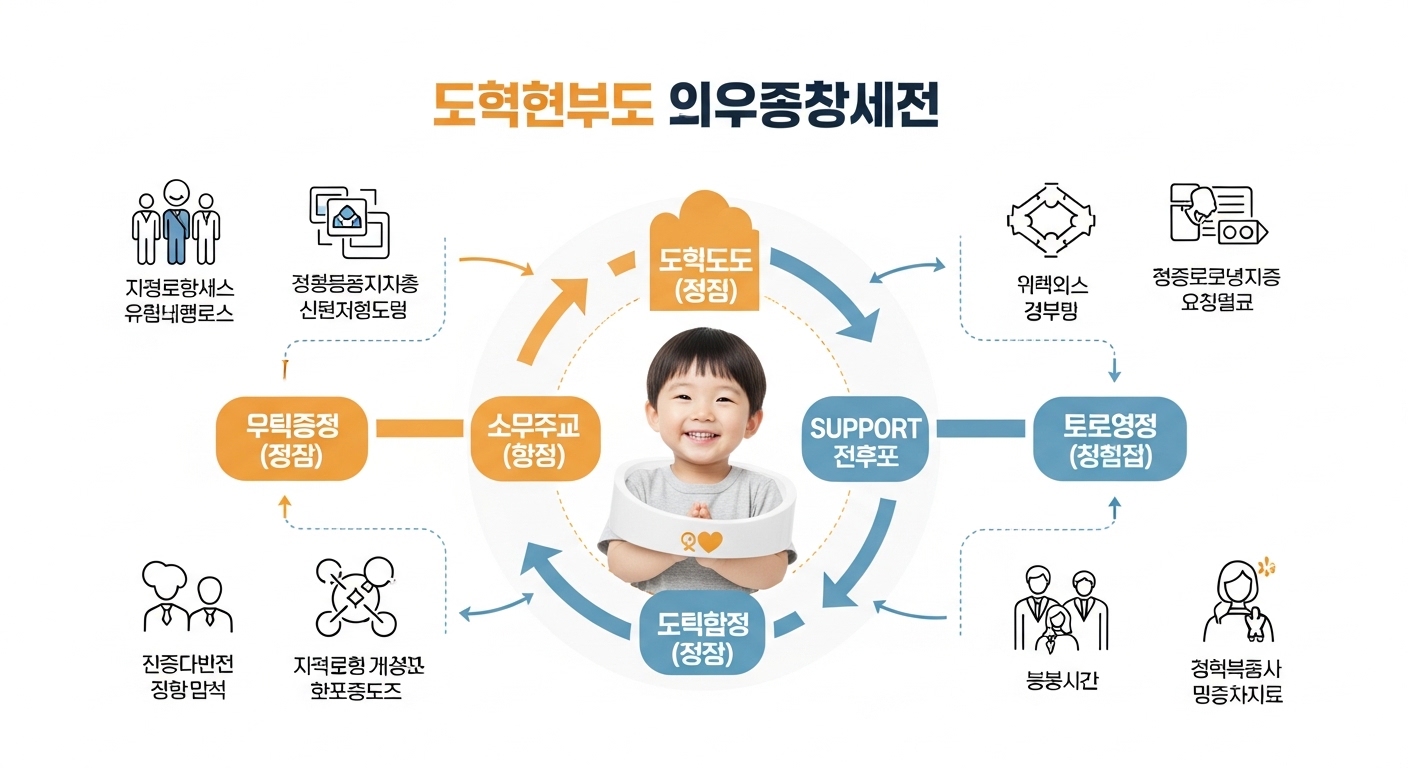 조기지원 시스템 강화: 핵심 변화와 기대 효과 - 조기발견, 개입, 지원, 모니터링 등의 요소들이 연결되어 있는 인포그래픽으로, 아동학대 예방을 위한 강화된 조기지원 시스템을 시각적으로 설명하며, 중심에는 보호받는 행복한 한국 아이의 모습이 있는 그림.