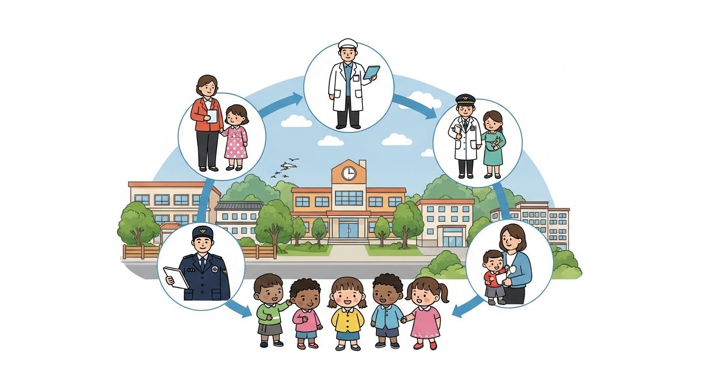 지역사회와 함께하는 아동 보호망 확대 - 한국의 선생님, 의사, 경찰, 사회복지사, 부모 등 다양한 지역사회 구성원들이 모여 아이들 주변에 촘촘한 보호망을 형성하고 있는 따뜻한 삽화.