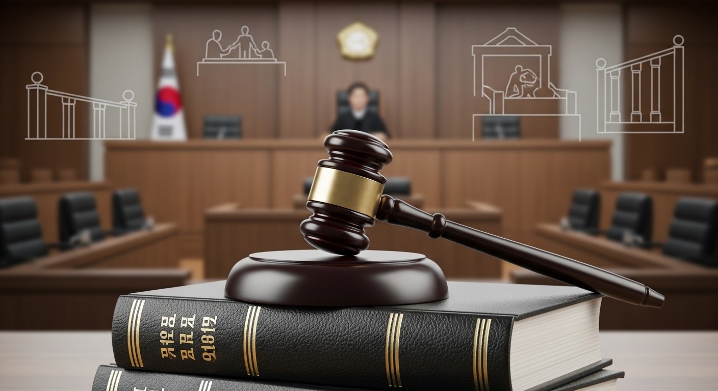 아동학대 예방을 위한 법적·제도적 기반 공고화 - 법률 서적 위에 놓인 법봉과 흐릿하게 보이는 법정 배경이 강화된 아동 보호 법규와 사법 시스템의 중요성을 상징하는 모습.