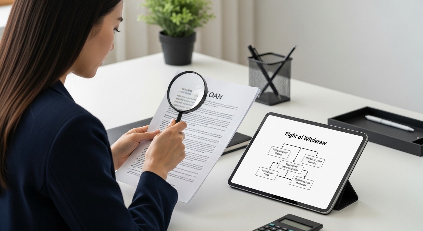 청약철회권의 개념과 저축은행 대출 적용의 의미 - 한 한국인 여성이 돋보기로 대출 서류를 꼼꼼히 살피고 있고, 옆 태블릿에는 청약철회권 흐름도가 보이는 모습