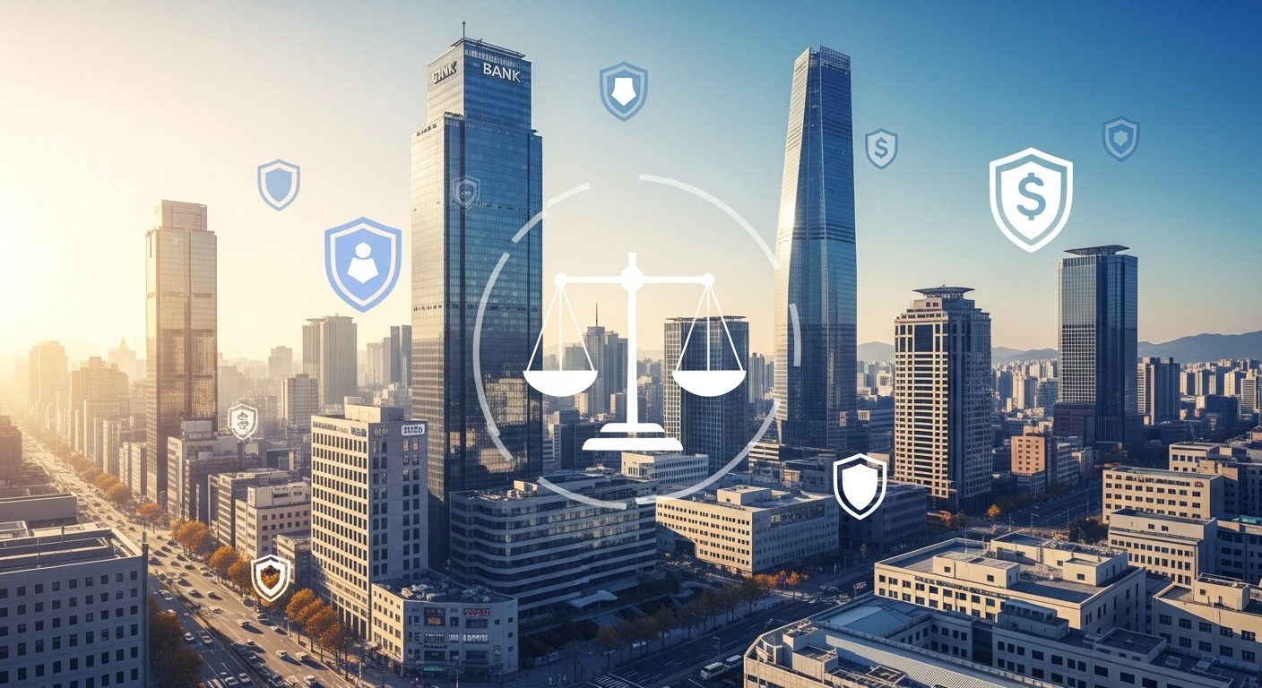 저축은행 및 금융 시장에 미칠 영향과 향후 전망 - 다양한 금융기관 건물들이 있는 역동적인 금융 도시 풍경에 소비자 보호를 상징하는 보호막과 저울이 겹쳐져 있는 모습