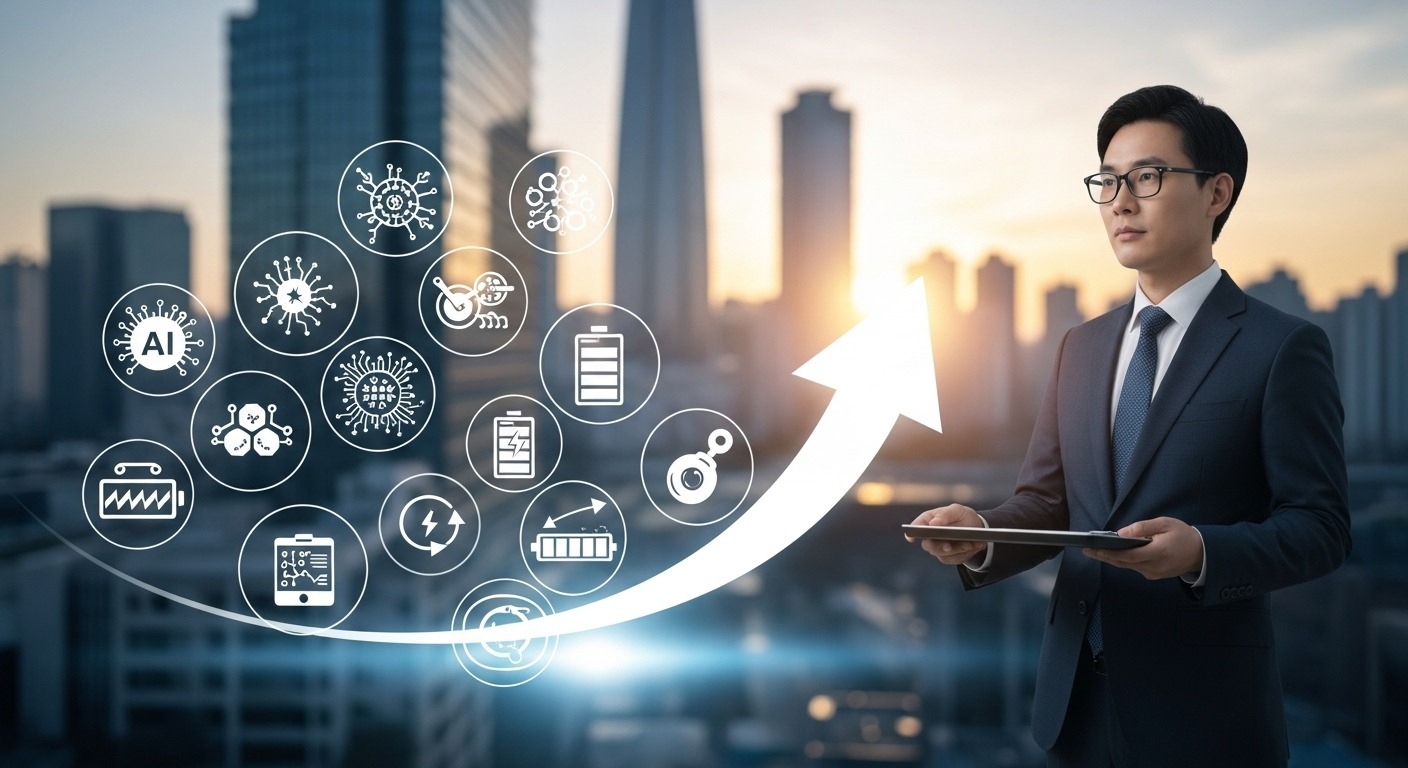 주도 섹터 분석: 미래 성장을 이끄는 핵심 산업 - AI, 바이오, 이차전지 등 첨단 기술을 상징하는 아이콘들이 성장세를 나타내는 화살표 주변에 배열된 모습과 한국 도시의 풍경