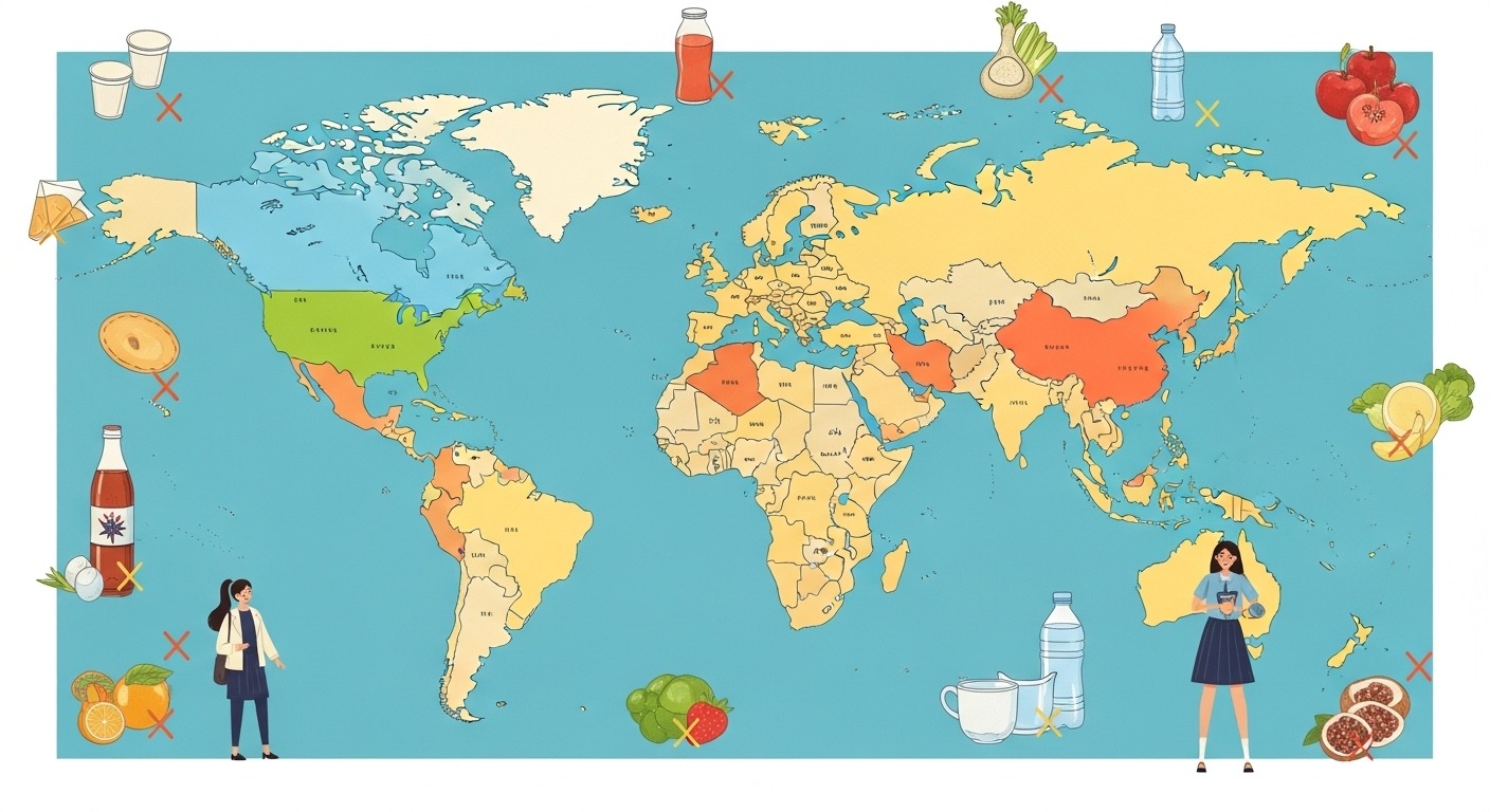 설탕세의 개념과 국제적 흐름 - 세계 지도 위에 설탕세가 도입된 국가들이 강조되어 표시되고, 주변에는 설탕이 많은 음식과 음료에 대한 규제를 시각적으로 표현한 일러스트