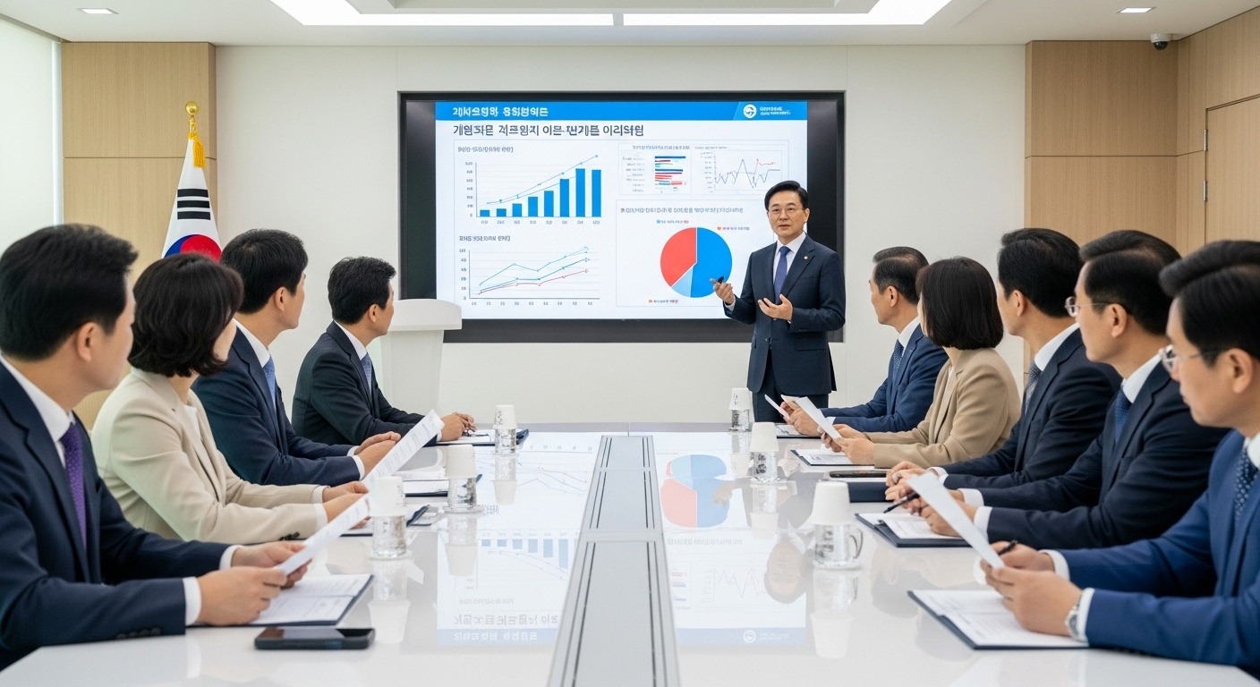 대한민국 '설탕세' 논의의 현주소와 주요 쟁점 - 한국의 정책 담당자가 회의실에서 설탕 소비 및 건강 영향에 대한 데이터 차트를 발표하며 정책 논의를 하는 모습