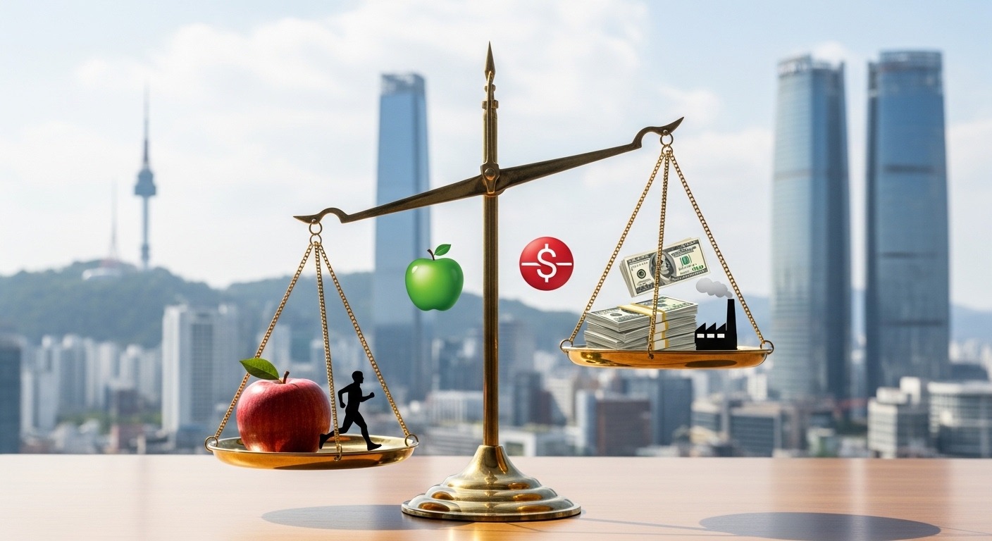 설탕세 도입의 예상 효과와 사회경제적 파장 - 건강을 상징하는 요소와 경제를 상징하는 요소가 양쪽에 놓인 저울이 미묘하게 기울어져 있어 설탕세 도입의 긍정적 및 부정적 영향을 보여주는 이미지