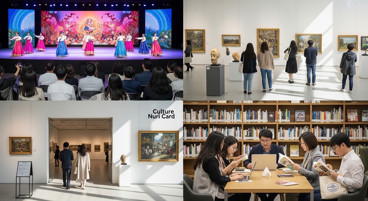 문화누리카드 제도 개요 및 2026년 증평군 혜택 - 다양한 연령대의 한국인들이 한국 전통 공연, 현대 미술 전시 관람, 도서관에서 독서 등 문화생활을 즐기는 모습