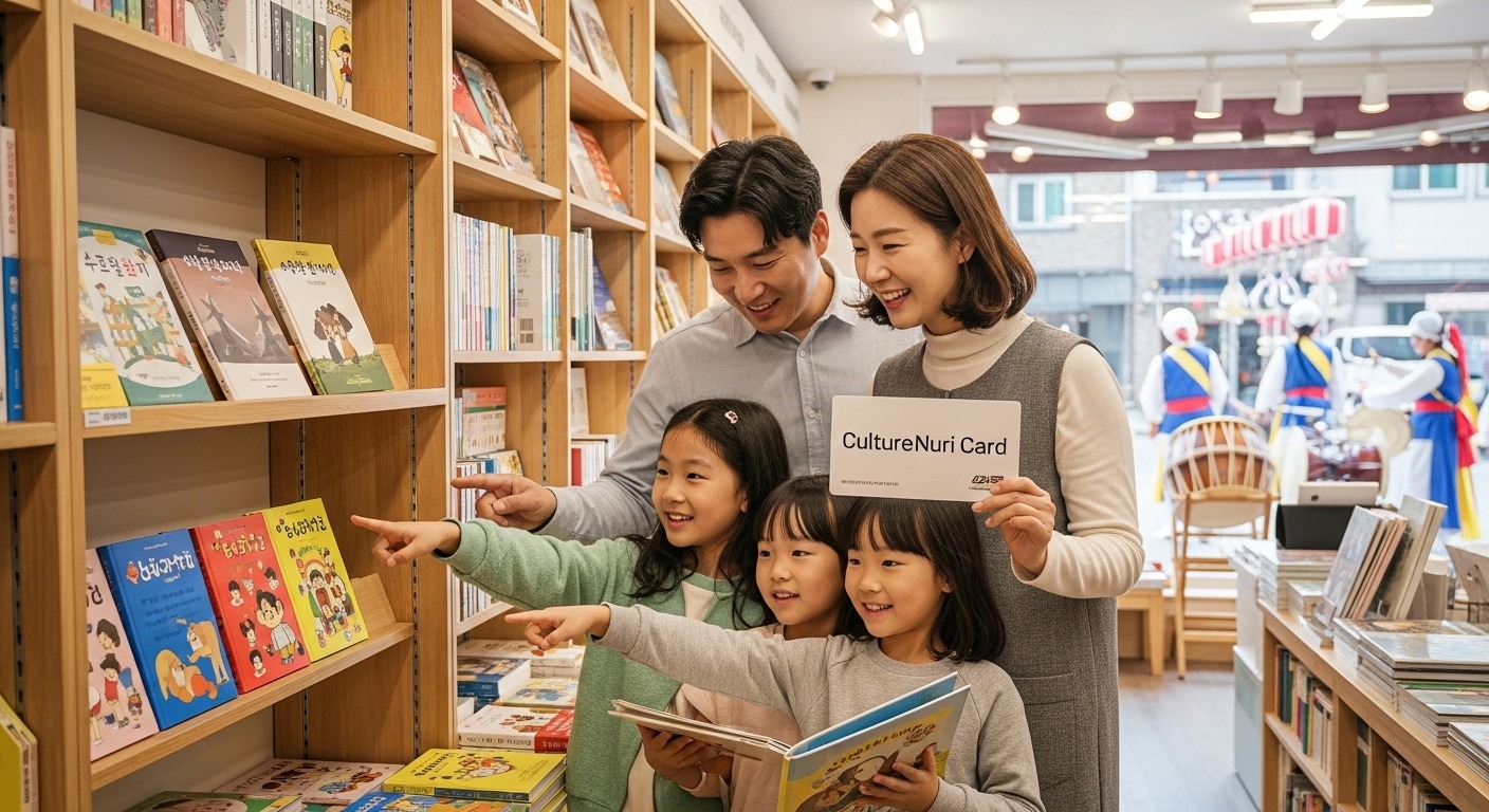 증평군 문화누리카드 15만원 사용처 및 실용적인 활용 가이드 - 한국인 가족이 작은 마을 서점에서 문화누리카드로 책을 고르는 즐거운 모습, 배경에는 한국 전통 북 공연이 펼쳐지는 축제 분위기