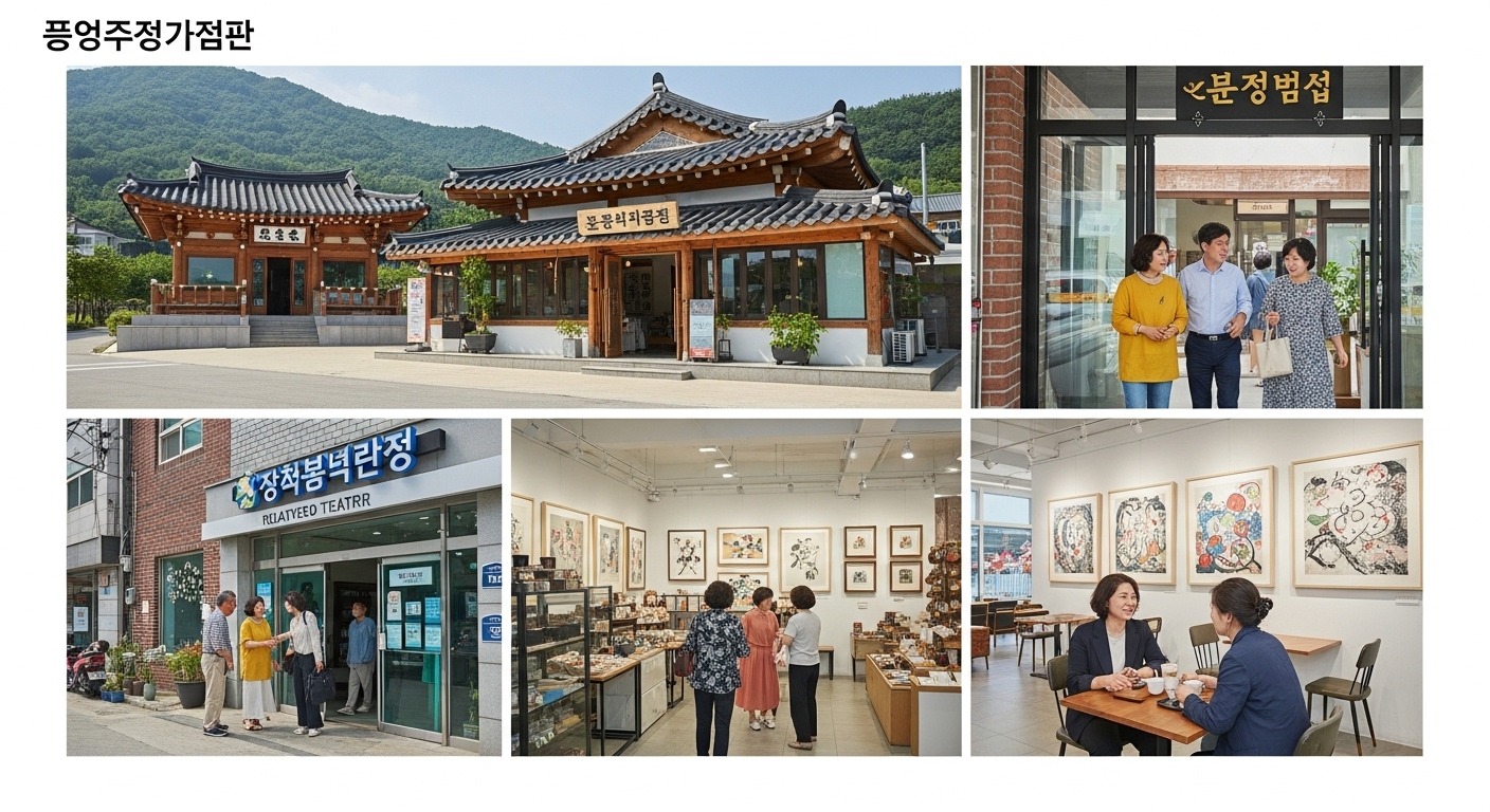 문화누리카드 15만원, 증평군민의 문화 향유권 확대와 지역 경제 활성화 - 증평군의 활기찬 거리에서 한국인들이 전통 지붕 극장, 공예품점, 한국 미술품이 있는 현대식 카페 등 지역 상점을 이용하며 문화 지출로 인한 경제 활성화를 보여주는 모습