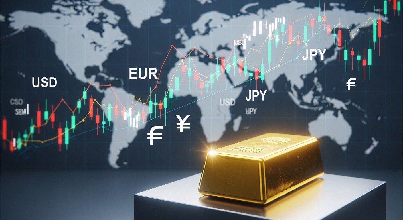 2026년 금값 경신, 그 배경과 의미 심층 분석 - 밝게 빛나는 금괴가 세계 경제 지표와 국제 정세를 배경으로 서 있는 모습