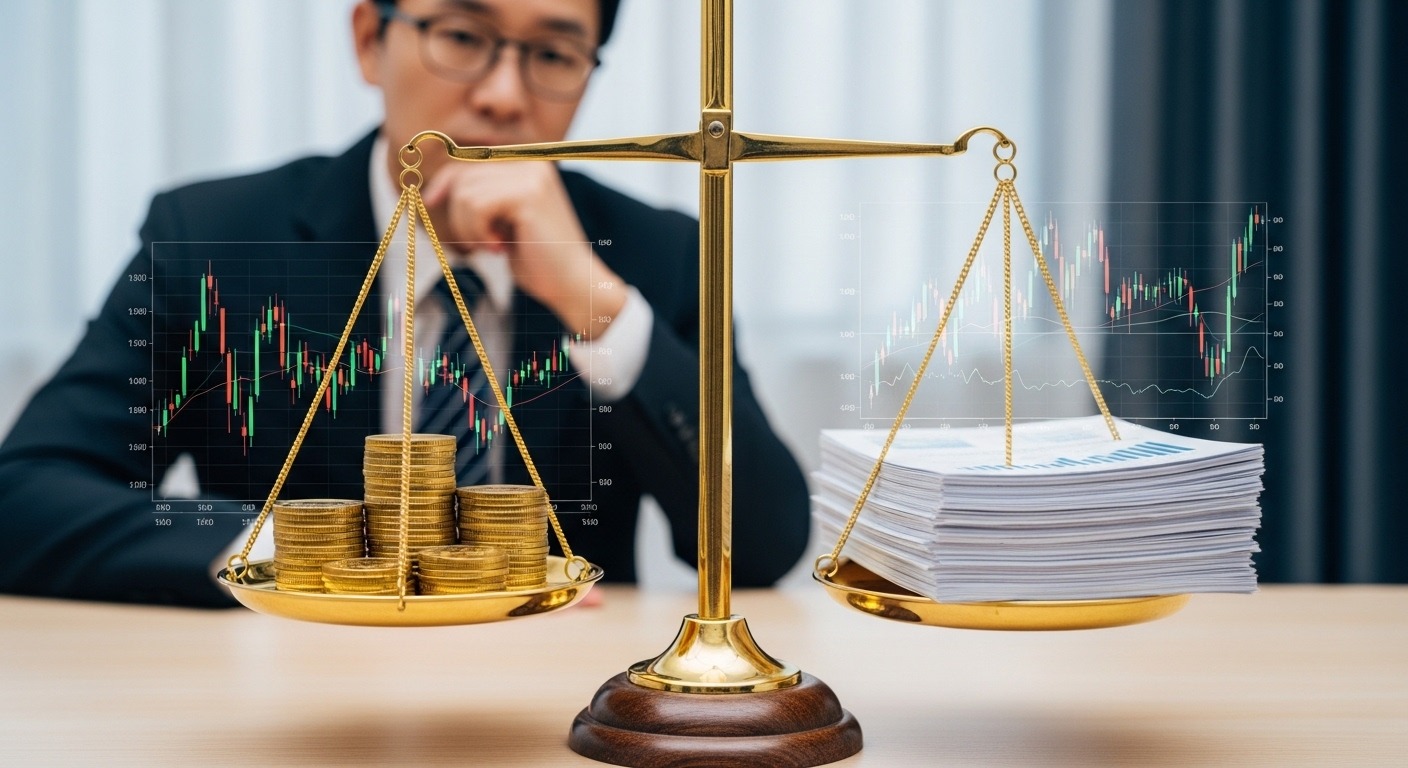 금 투자, 진정한 안전자산인가 아니면 새로운 위험자산인가? - 금화와 금융 서류가 놓인 저울을 보며 금의 역할을 고민하는 한국인 투자자의 모습