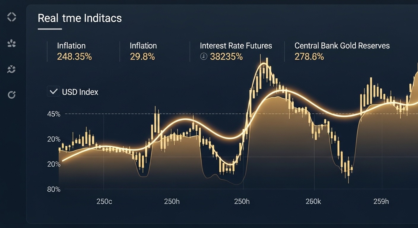 글로벌 경제 지표와 금값의 복합적 상관관계 이해하기 - 인플레이션, 금리, 달러 지수 등 다양한 경제 지표와 금값 추세선이 함께 표시된 디지털 대시보드의 모습