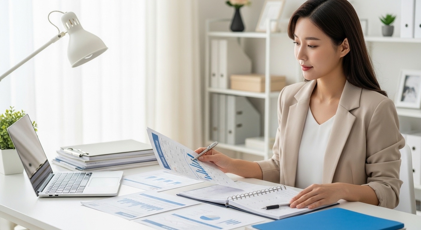 대출 이용자를 위한 안내 및 향후 전망 - 깔끔한 홈 오피스에서 재정 서류와 달력을 보며 꼼꼼하게 재정 계획을 세우는 한국인 여성 전문가의 모습