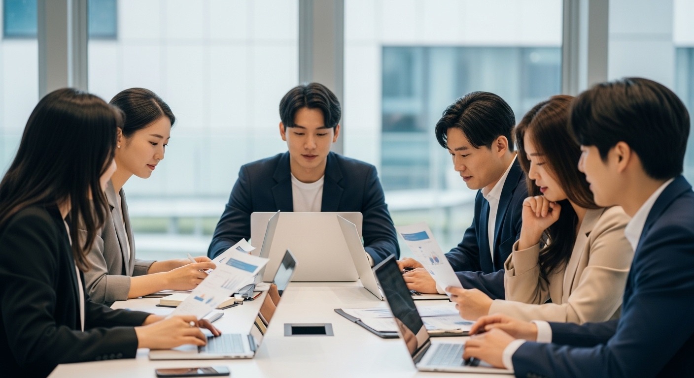 세액공제 대상 및 핵심 조건 총정리 - 현대적인 코워킹 스페이스에서 재정 서류를 논의하는 다양한 젊은 한국인들, 주택 금융에 대한 협력적인 분위기