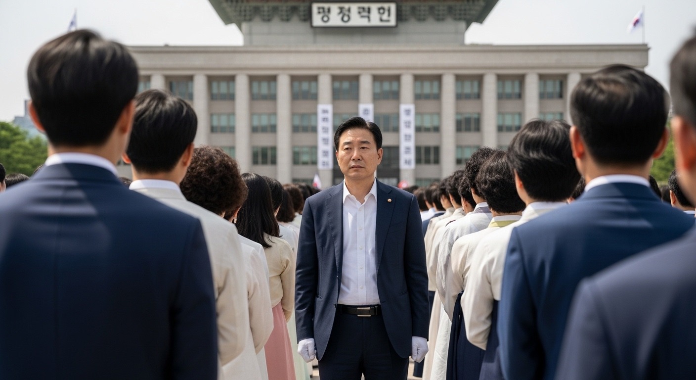 제헌절: 대한민국 건국의 초석과 공휴일의 시작 - 1948년 7월 17일, 대한민국 헌법 공포를 경축하는 한국인들의 엄숙하고 희망찬 모임의 역사적 장면과 배경의 웅장한 건물.