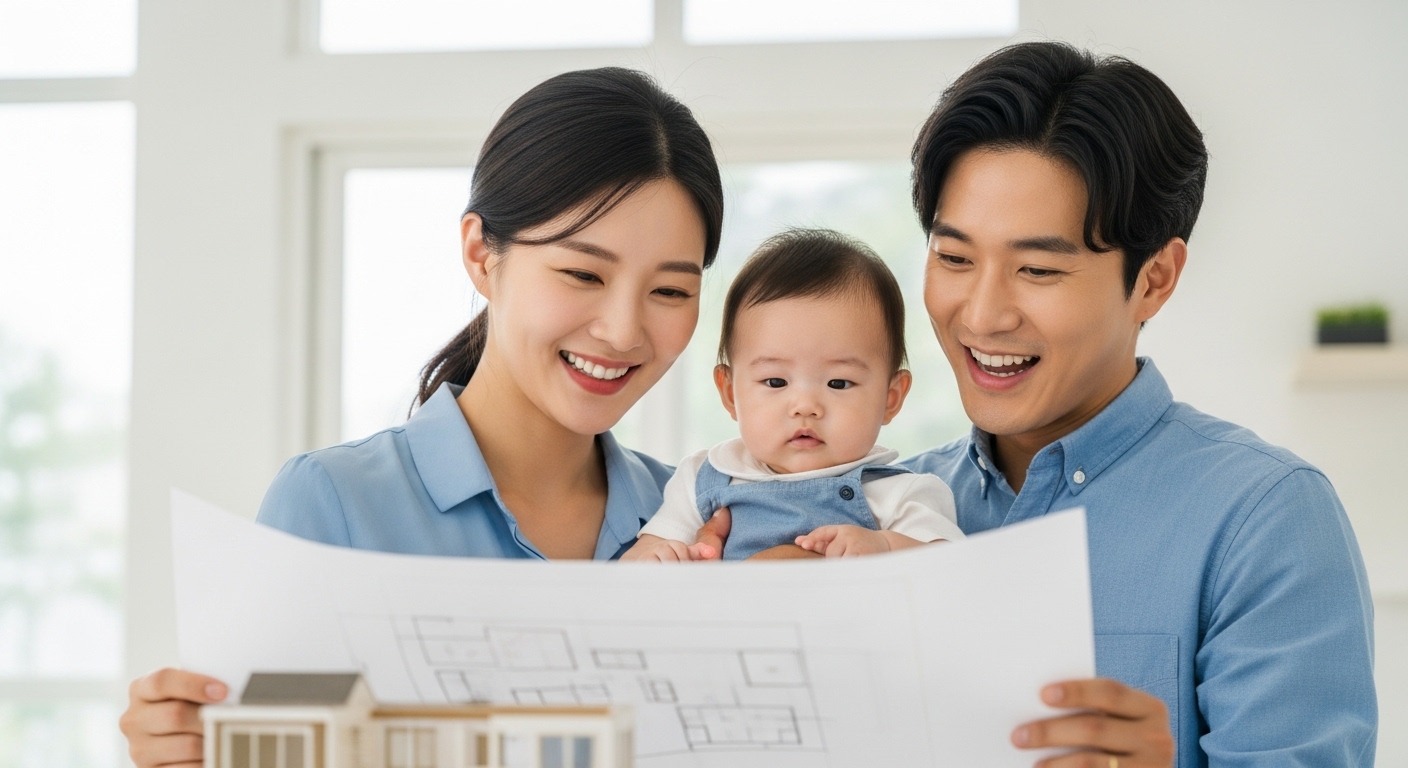 2026년 주택청약 제도 변경: 신혼부부 및 출산가구 특별공급 확대 - 한국인 신혼부부가 아기를 안고 밝은 미소로 모델하우스를 보며 주택 마련의 꿈을 꾸는 모습