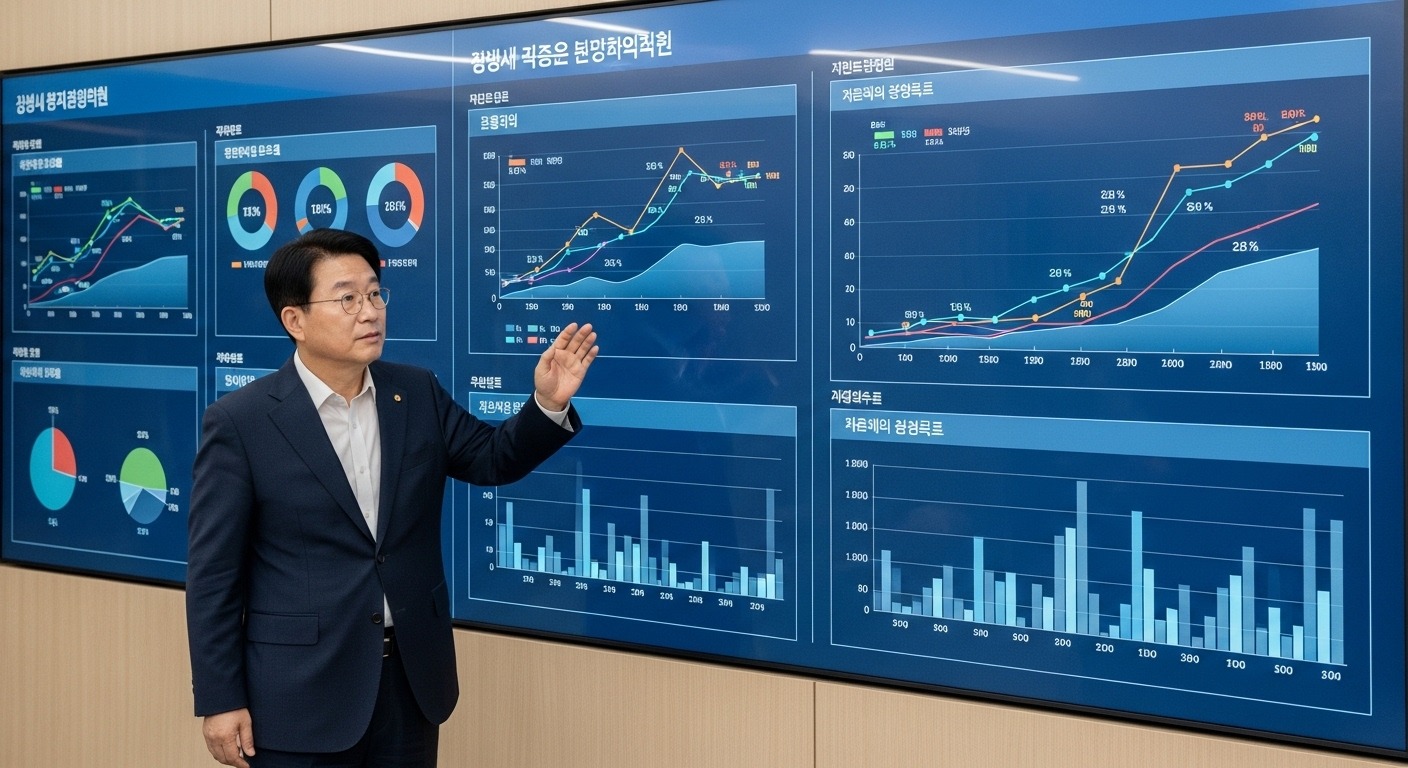 개정 배경 및 주요 내용: 시장 투명성 강화의 핵심 - 한국인 공무원이 부동산 시장 통계와 정책 변화를 보여주는 디지털 스크린 앞에서 투명성과 규제를 상징하며 설명하는 모습.