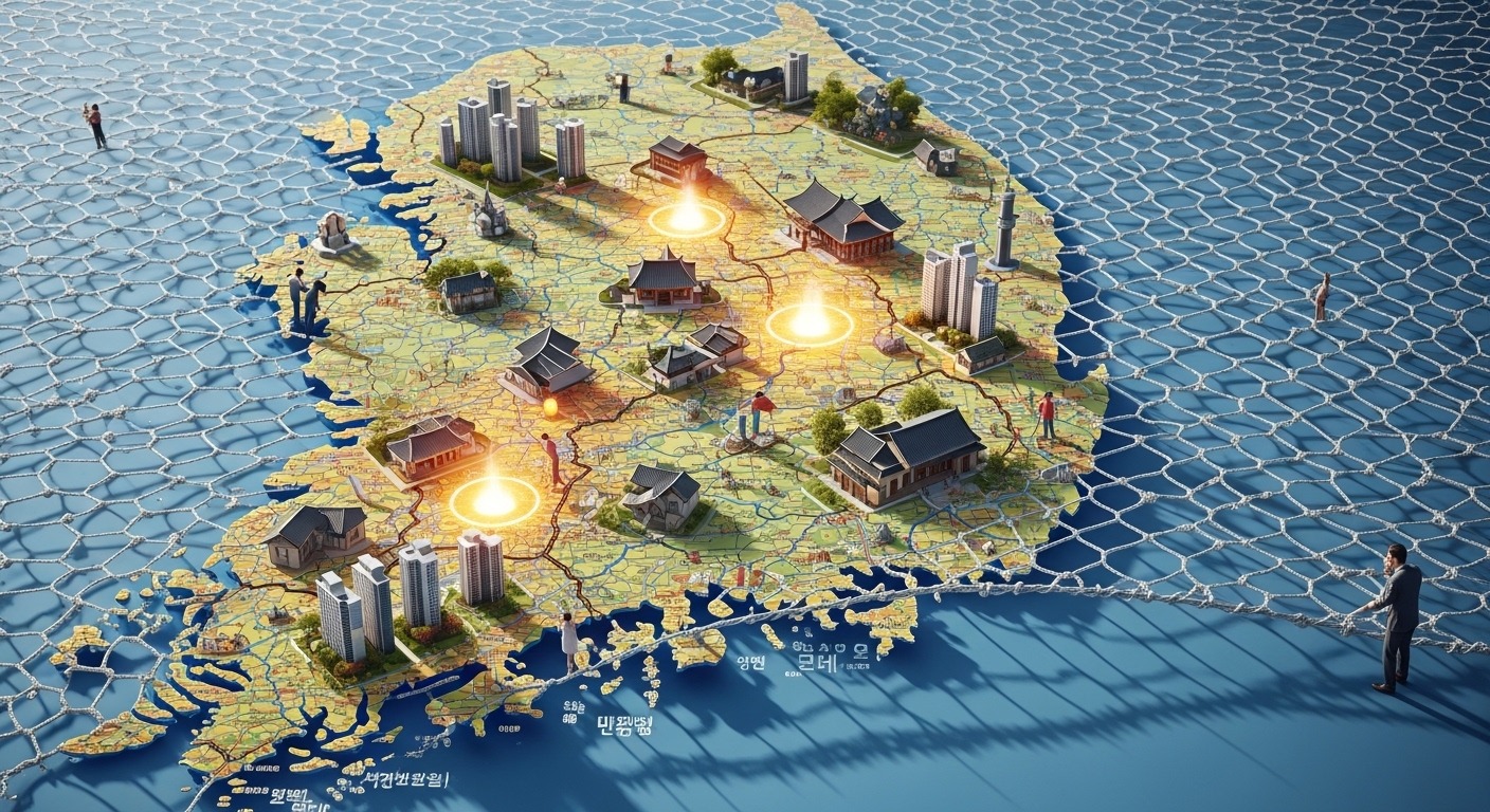 제출 의무 확대 범위: 더 많은 거래에 적용되는 기준 - 대한민국 지도 위에 넓게 드리워진 그물망이 부동산 자금조달계획서 제출 의무의 확대된 범위를 상징하며, 다양한 주택과 건물이 지도 위에 배치되어 있음.