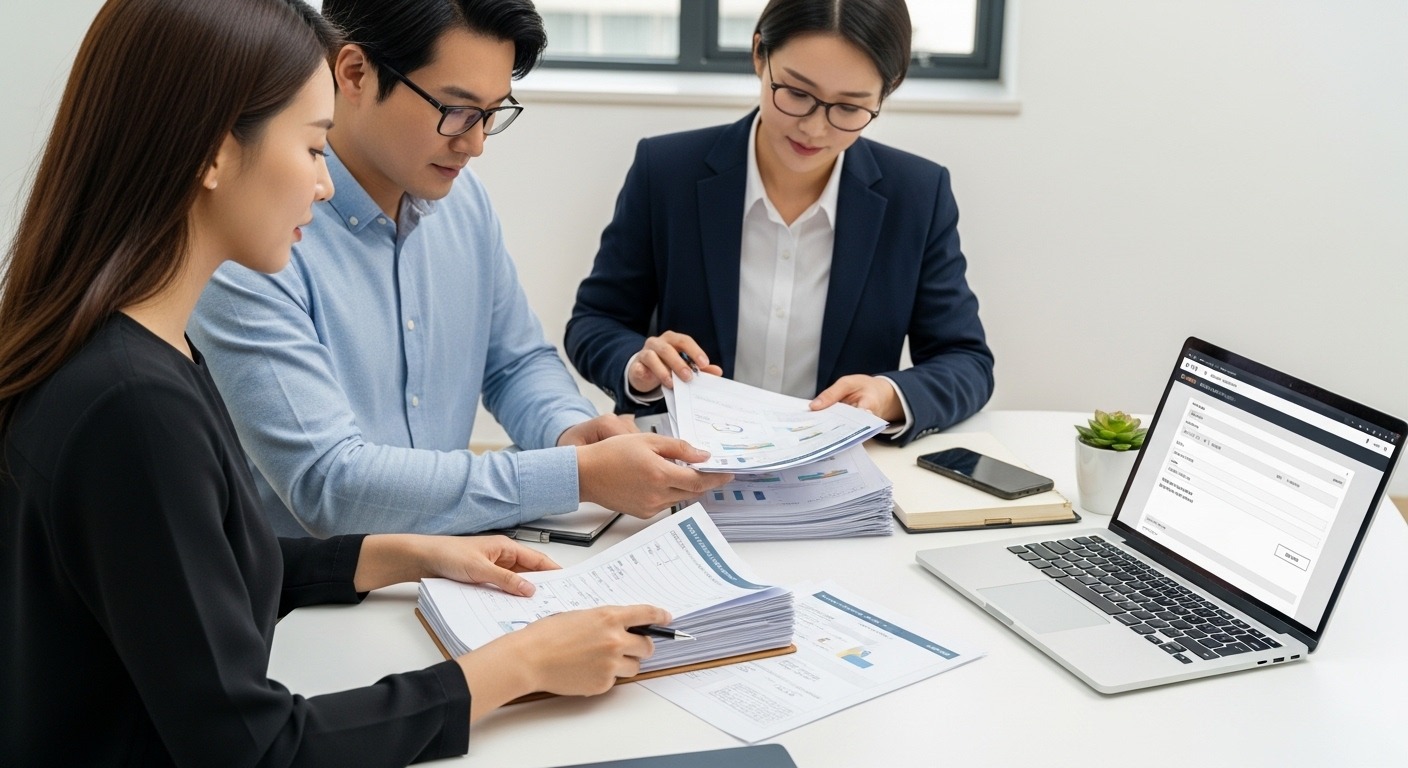 자금조달계획서 작성 시 유의사항 및 철저한 준비 - 한국인 부부가 노트북으로 온라인 양식을 보며 책상 위에서 재정 서류들을 꼼꼼하게 정리하고, 부동산 거래를 위한 신중한 계획과 준비를 강조하는 모습.