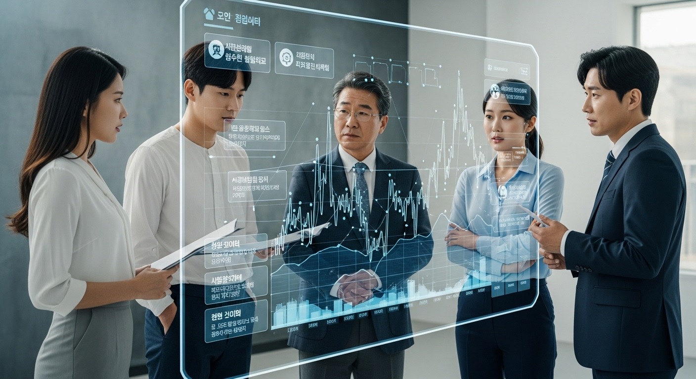 부동산 시장 및 투자자에 미칠 영향 분석 - 젊은 부부, 중년 투자자, 부동산 중개인 등 다양한 한국인들이 투명한 디지털 스크린 주위에 서서 역동적인 부동산 시장 그래프와 뉴스 헤드라인을 보며 진지한 표정으로 미래의 파급 효과를 논의하는 모습.