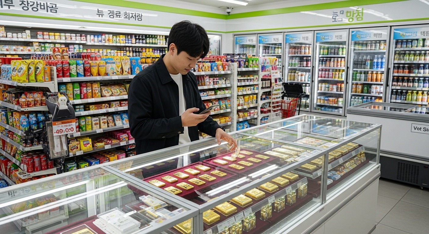 편의점 골드바, 새로운 소액 투자 트렌드로 부상 - 한국 편의점 진열대에서 빛나는 소형 골드바들과 이를 구매하려는 한국인 청년의 모습