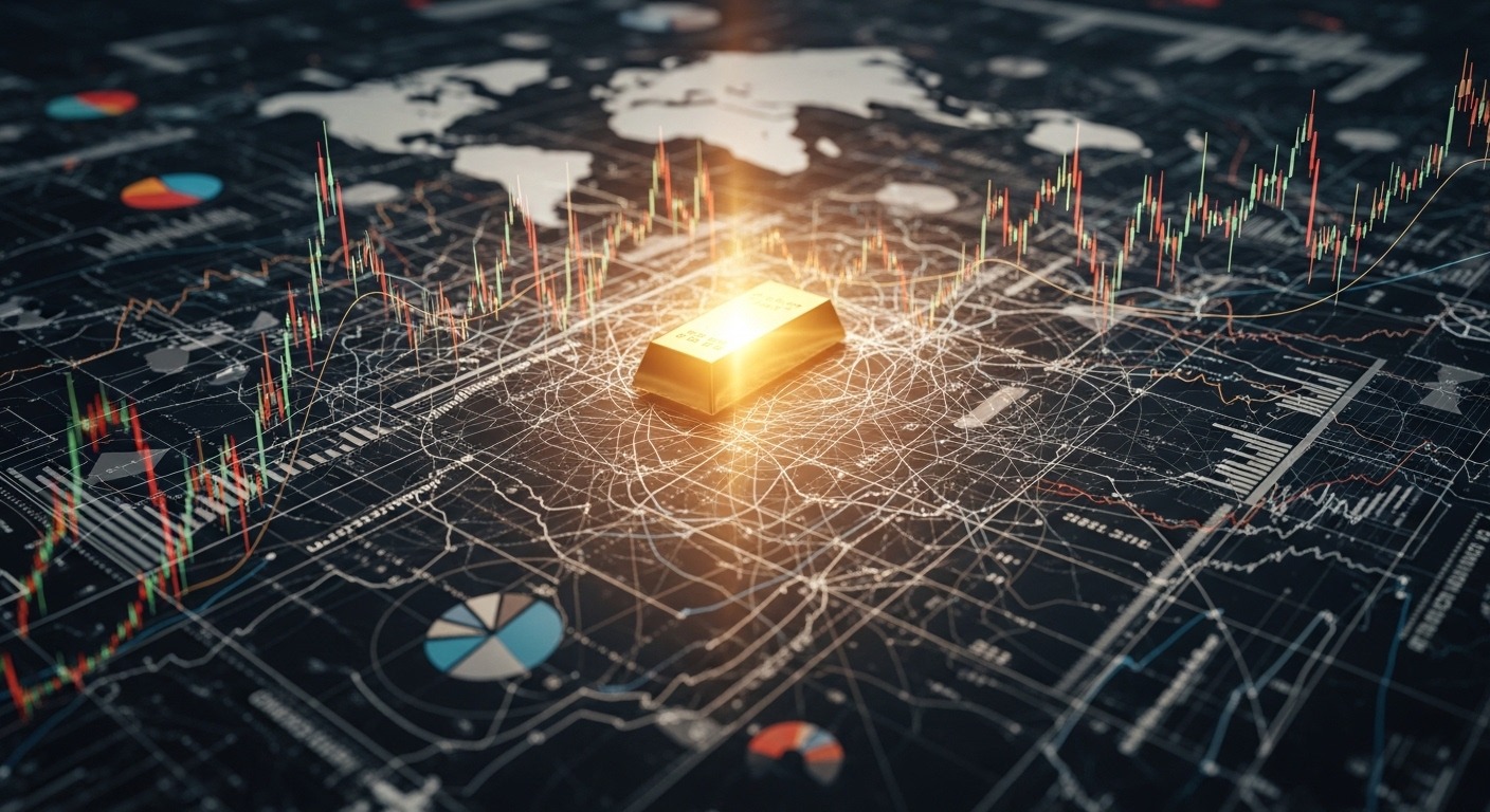 품절 현상의 배경: 불안정한 경제와 안전자산 선호 심리 - 복잡한 경제 지표와 금괴가 어우러져 불안정한 경제 속 안전자산을 상징하는 추상적인 모습