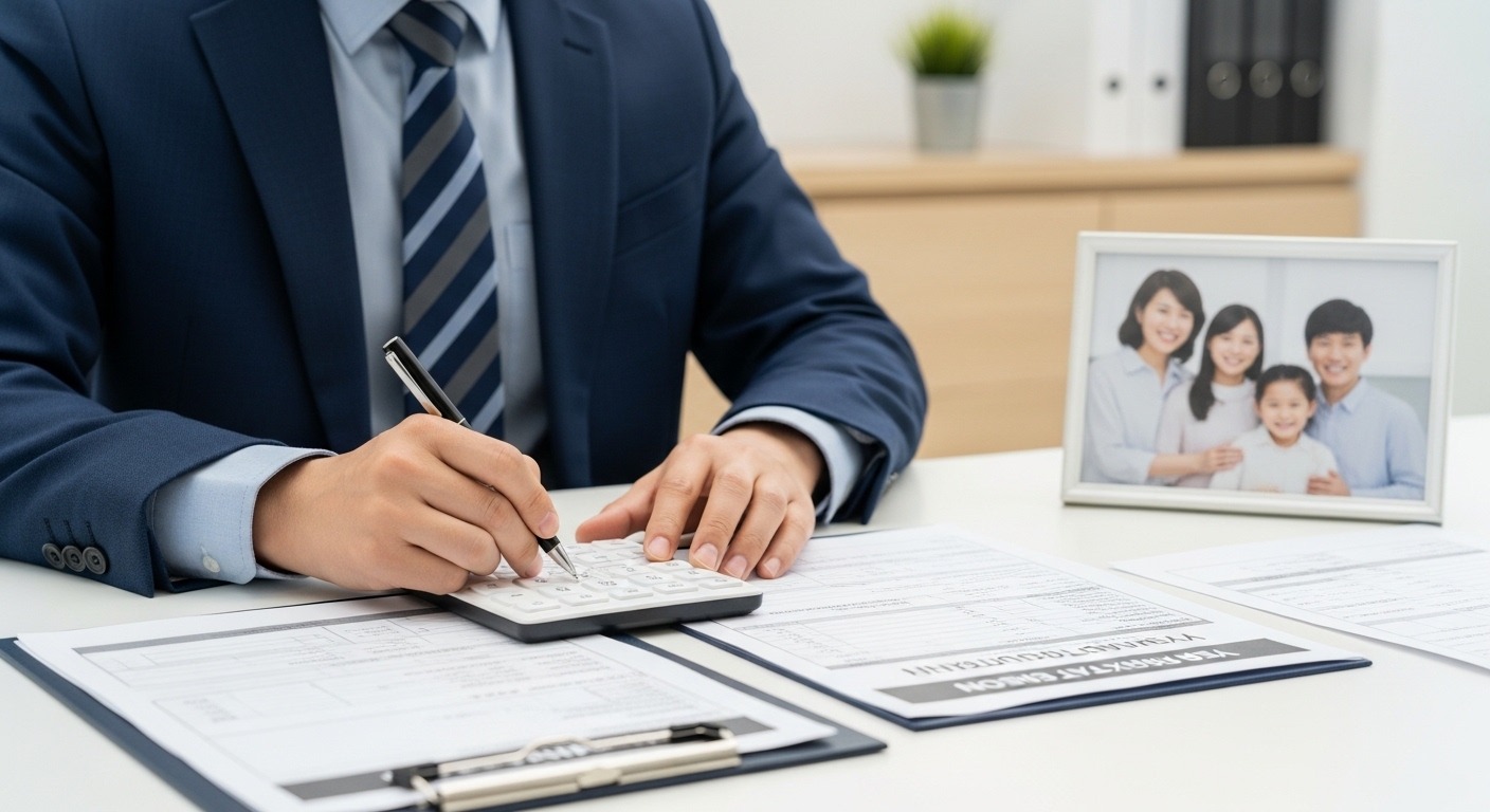 핵심 혜택 분석: 자녀세액공제와 출산·보육수당 비과세 상세 - 한 한국인 직장인이 연말정산 서류와 자녀 사진을 보며 세액공제를 계산하는 모습