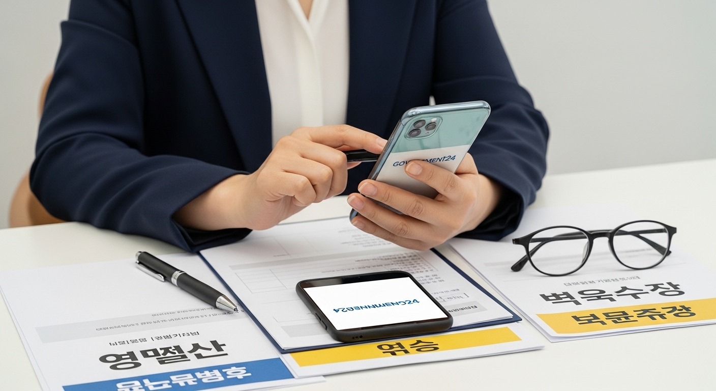 혜택 적용을 위한 자격 요건 및 신청 방법 - 한국인 여성이 연말정산 서류를 검토하며 스마트폰으로 정부24 앱을 통해 보육수당 혜택을 신청하는 모습