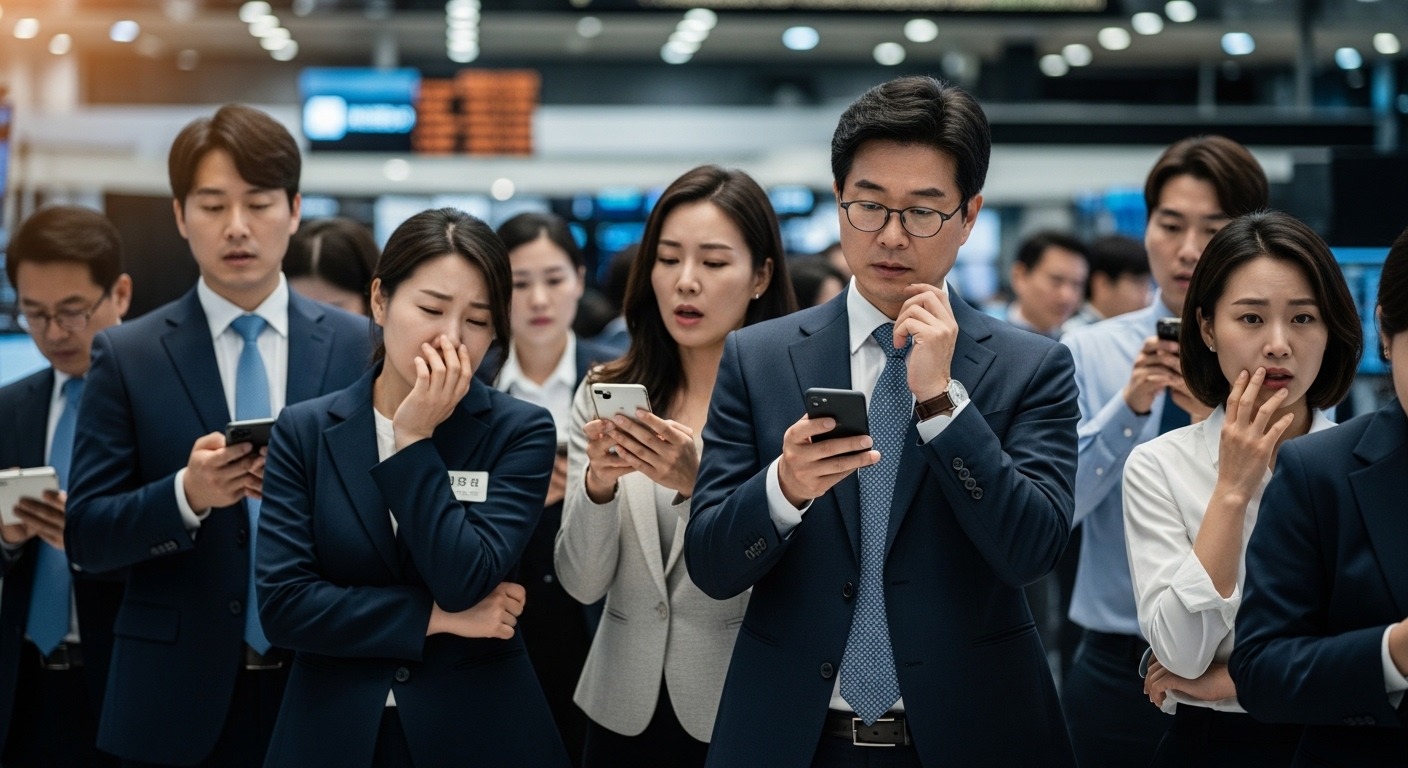 투자자 심리 변화와 시장 전반의 파급 효과 - 다양한 연령대의 한국인 투자자들이 핸드폰이나 거래 화면을 보며 걱정하거나, 활발하게 시장 상황을 논의하는 모습