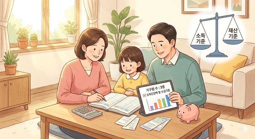 수급 가능 여부를 결정하는 가구원 및 소득 기준