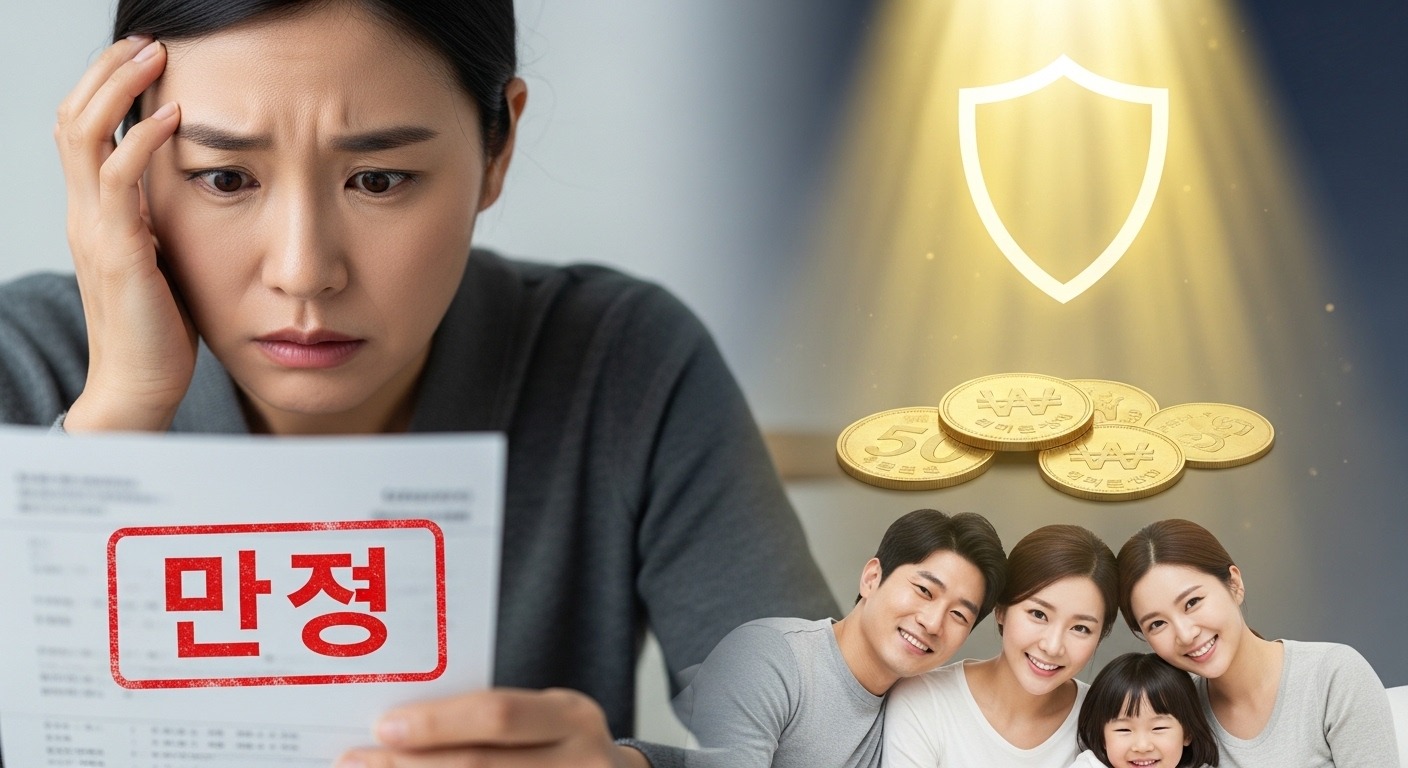 생계비계좌 압류 방지 제도란 무엇인가요? - 계좌 압류로 인해 걱정하는 한국인과, 방패로 보호되는 돈과 가족의 모습이 대비되며 제도의 중요성을 나타내는 이미지.