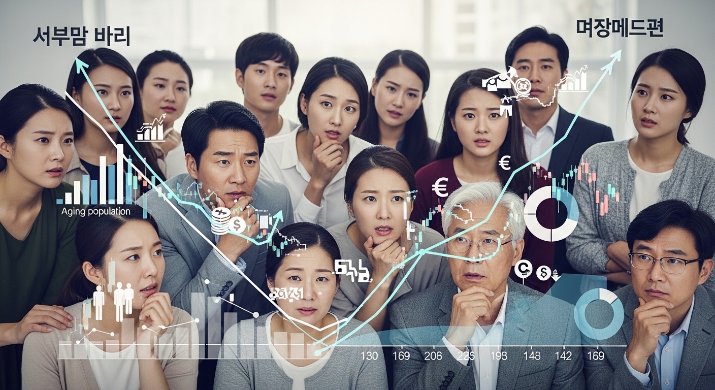 2026년 국민연금 개혁, 왜 지금인가? – 인구 구조 변화와 재정 위기론 - 다양한 연령대의 한국인들이 급격한 고령화와 저출산 그래프를 걱정스럽게 바라보는 모습