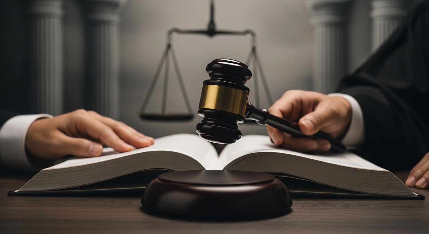 음주 및 약물 운전 처벌 강화의 배경과 필요성 - 한국인 판사의 망치가 법전에 놓인 소리판을 치고 있으며, 엄격한 법 집행을 상징하는 배경이 흐릿하게 처리되어 있다.