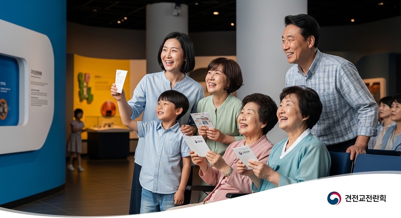 2026년 문화누리카드 15만원 지원, 어떻게 달라졌나? - 한국인 가족이 밝은 표정으로 미술관에서 그림을 감상하거나 공연을 보는 행복한 모습