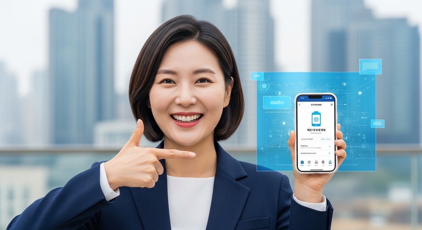 모바일 신분증, 디지털 전환 시대의 필수 도구로 자리매김 - 한 한국인 여성이 스마트폰 화면의 모바일 신분증을 보여주며 환하게 웃는 모습, 도시 배경에 디지털 인터페이스가 어우러져 편리함과 혁신을 강조한다.