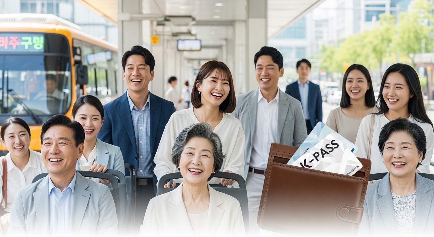 K-패스 전국민 대중교통 혜택 시대를 열다 - 다양한 연령대의 한국인들이 현대적인 도시에서 버스와 지하철 같은 대중교통을 편리하게 이용하며 K-패스 혜택을 누리는 모습